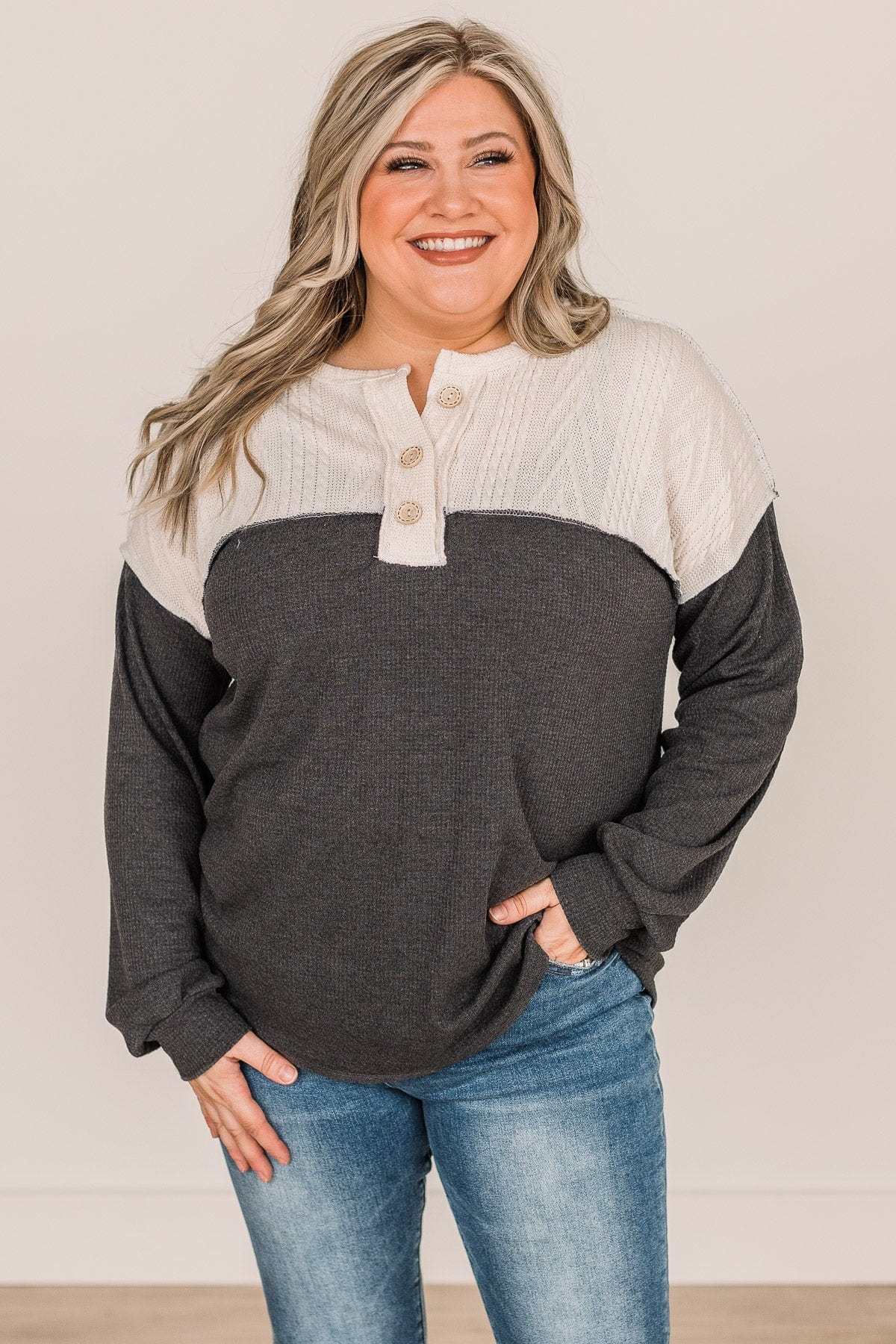 Give It Your All Color Block Top- Ivory & Charcoal