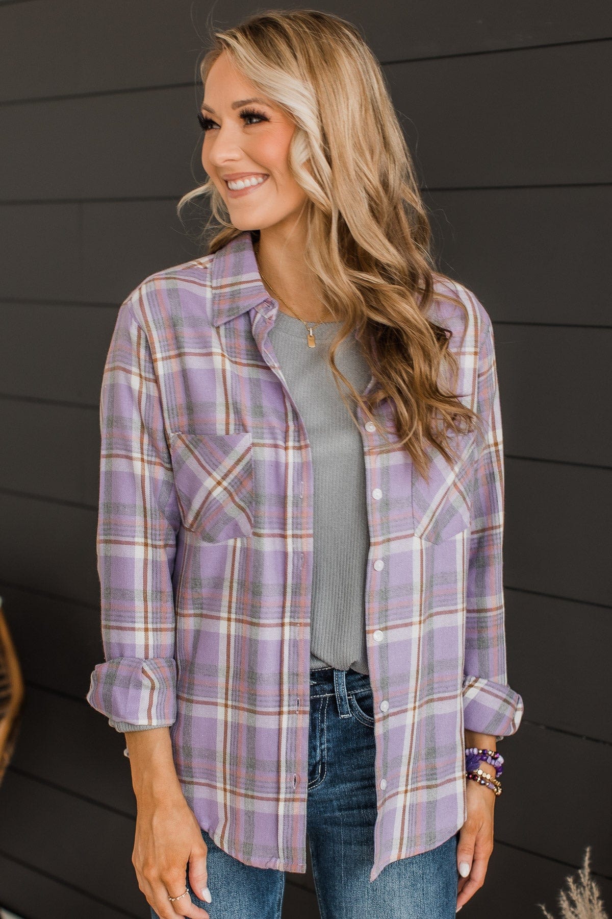 Running To You Plaid Button Top- Lavender & Grey