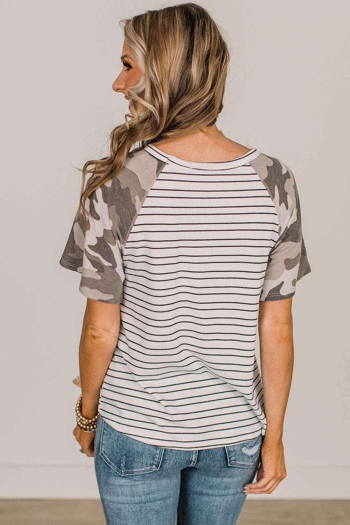 On A Mission Color Block Top- Ivory & Camo