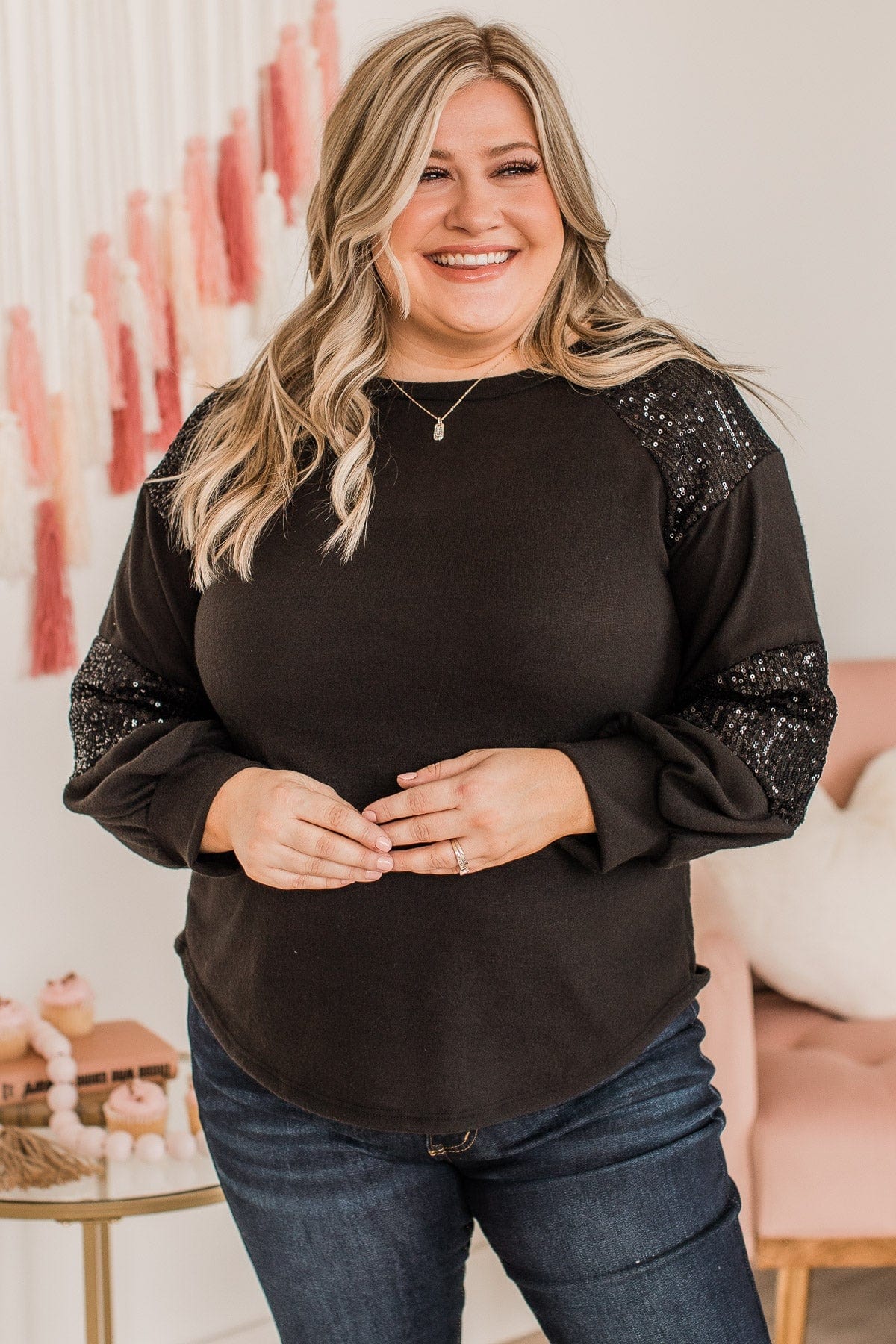 Special Moments Sequin Top- Black