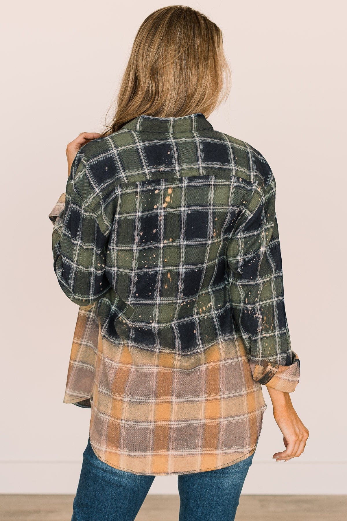 Enjoying This Moment Bleached Plaid Top- Green & Navy