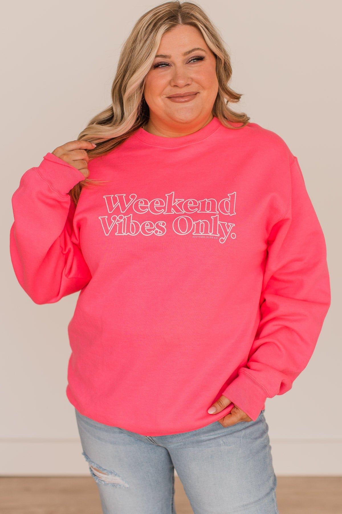 "Weekend Vibes Only" Crew Neck Pullover- Neon Pink