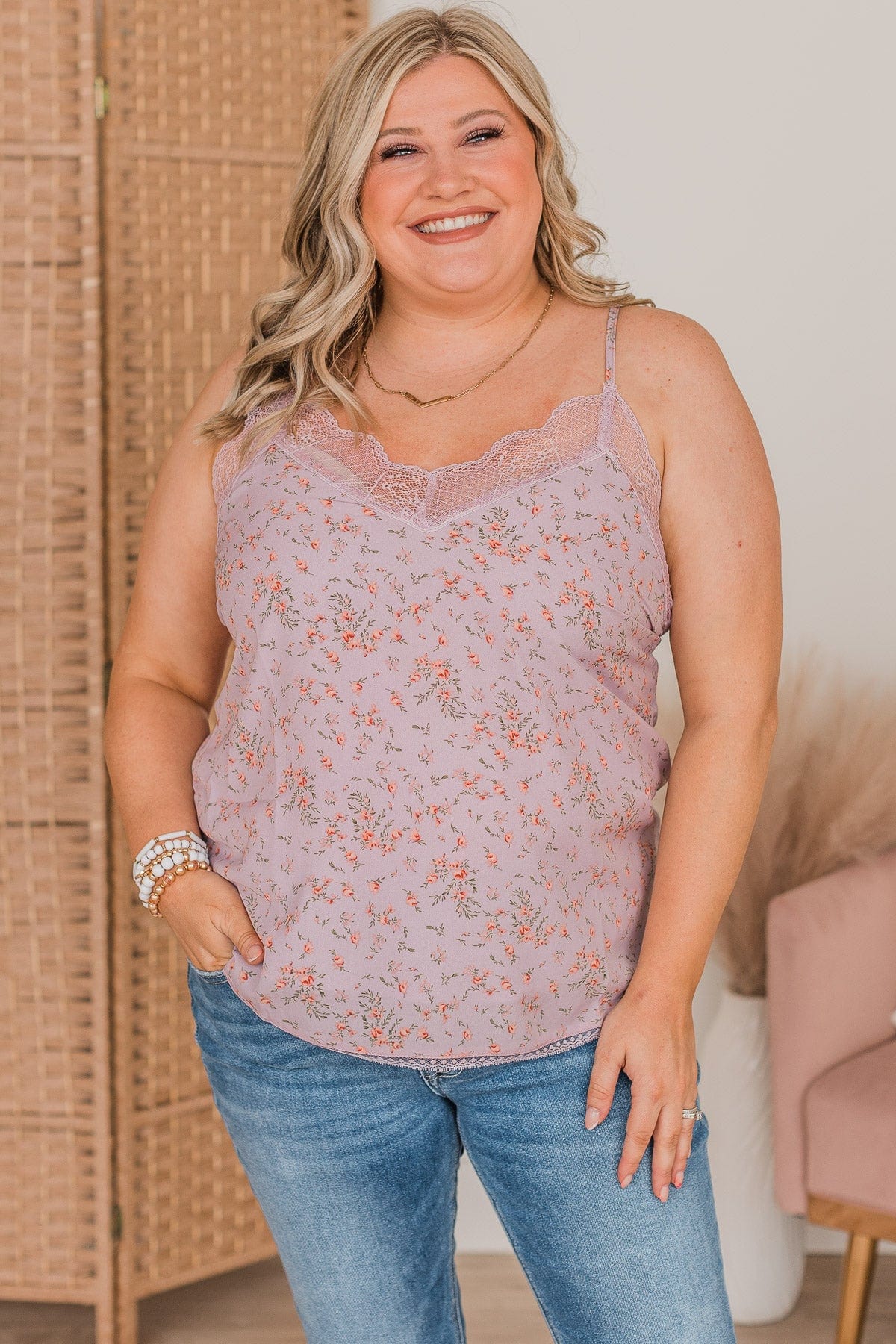 One More Chance Lace Floral Tank Top- Lavender