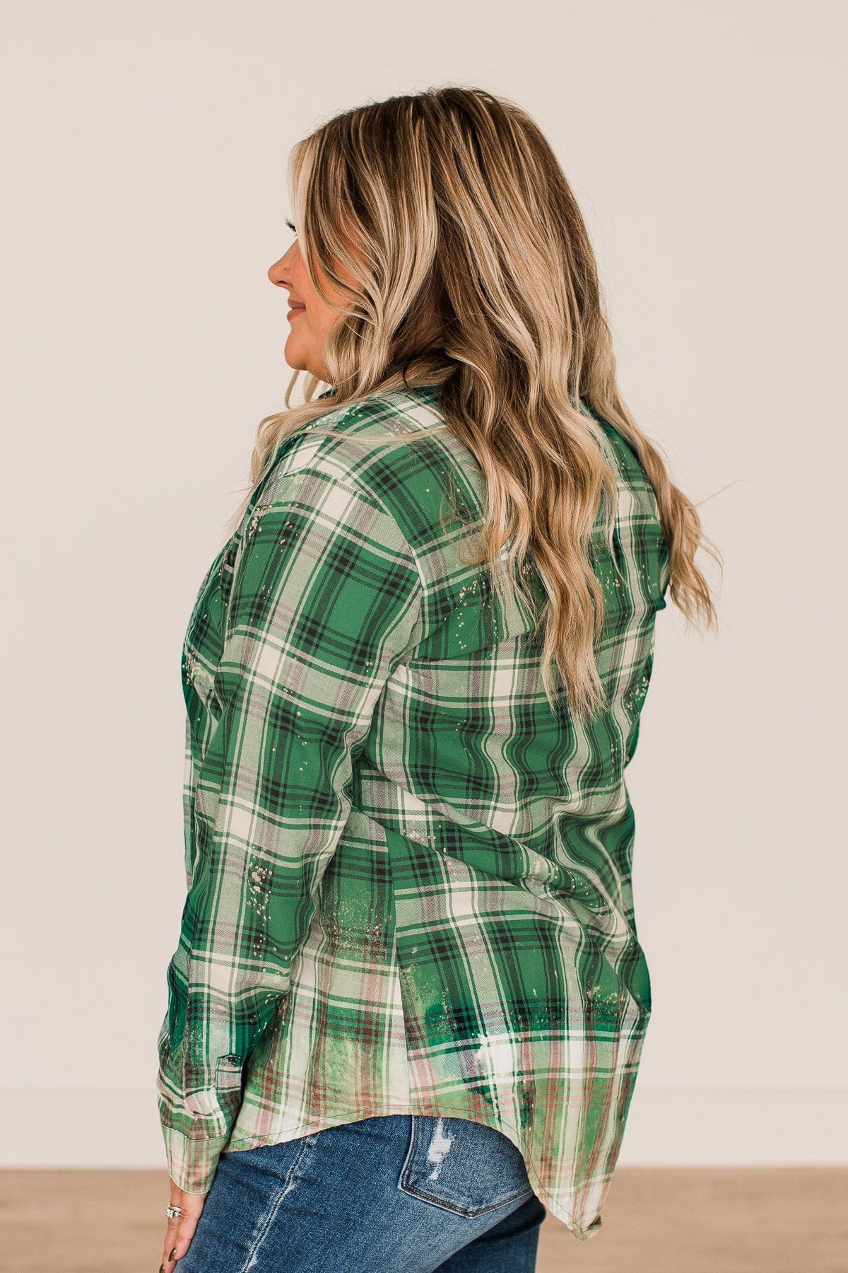 On The Lookout Bleached Plaid Top- Green