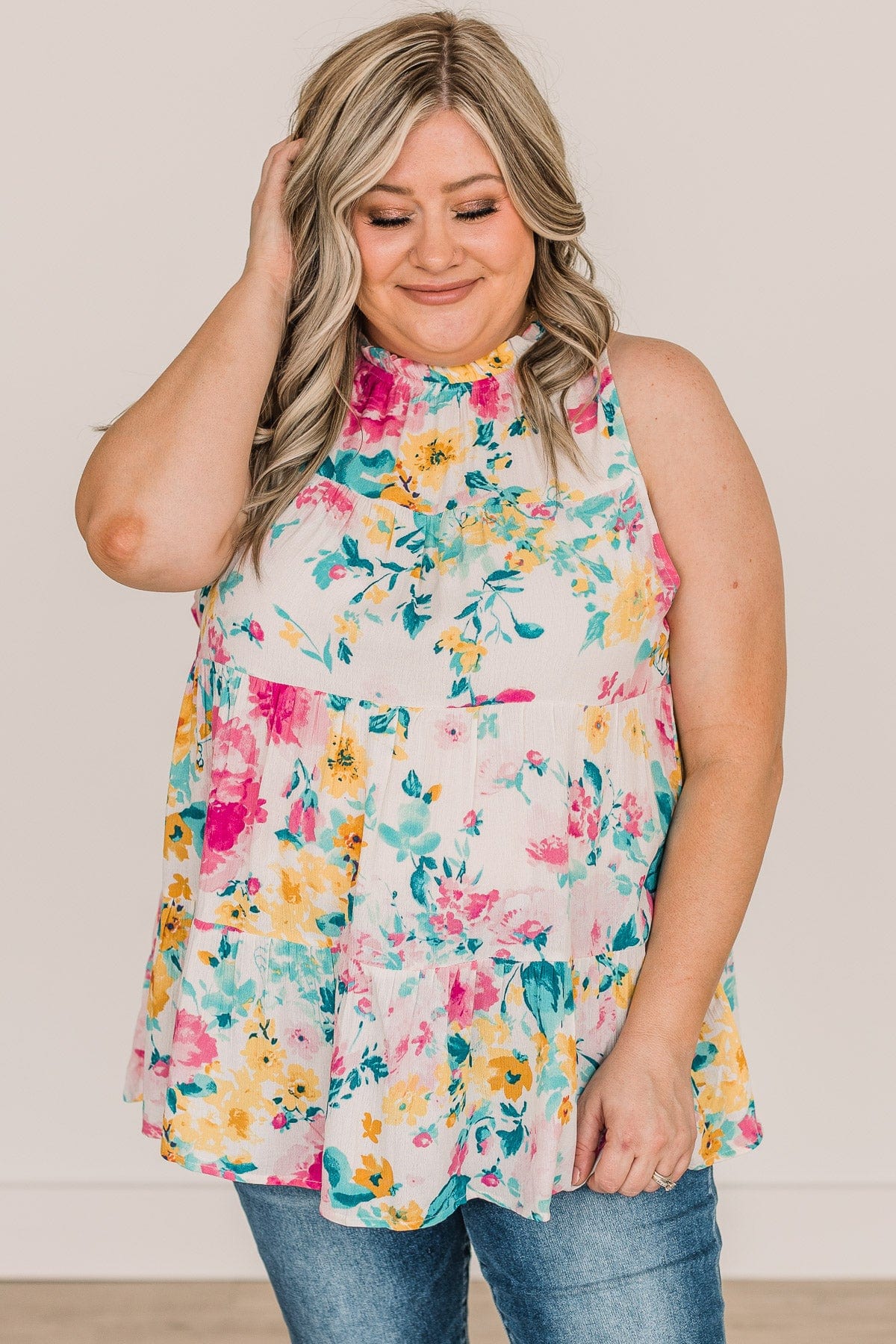 Touched My Heart Tiered Floral Tank Top- Ivory