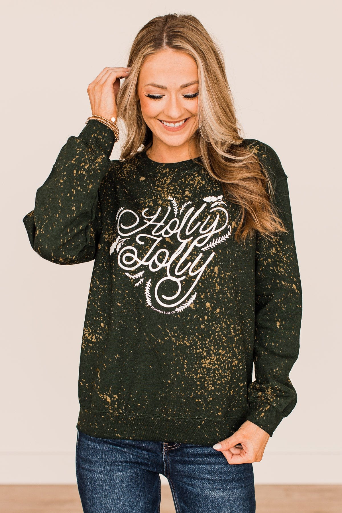 "Holly Jolly" Bleached Pullover- Wintergreen