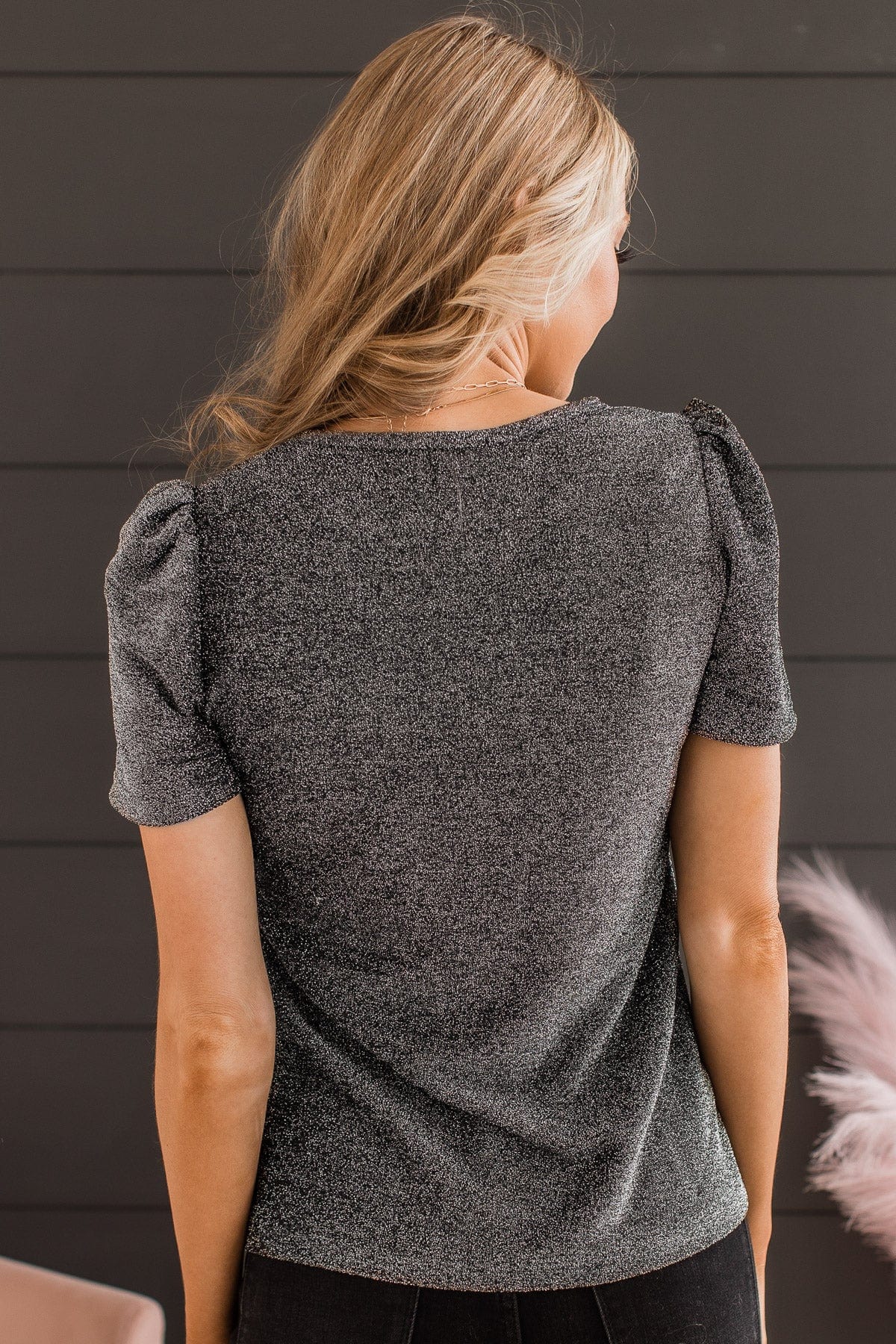 Own The Evening Short Sleeve Shimmer Top- Charcoal
