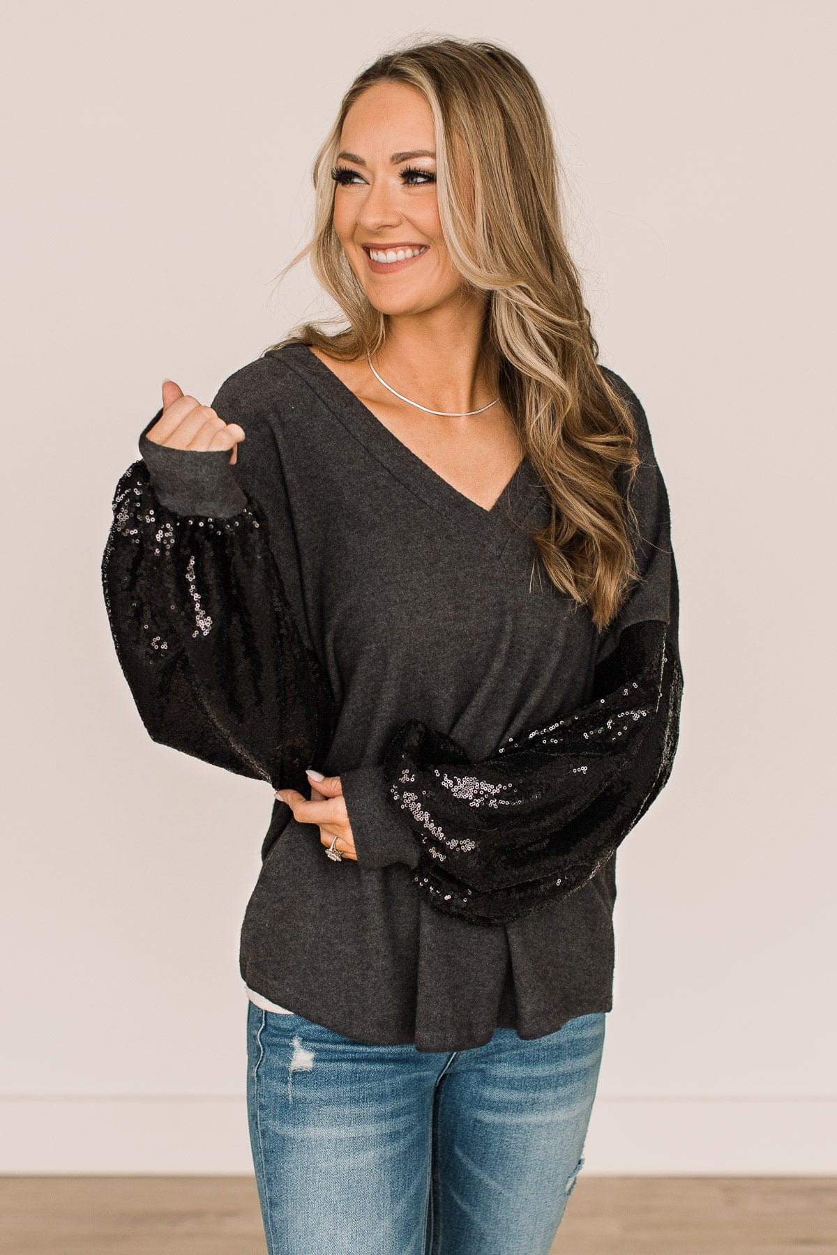 Moments Of Bliss Sequin Sleeve Top- Charcoal