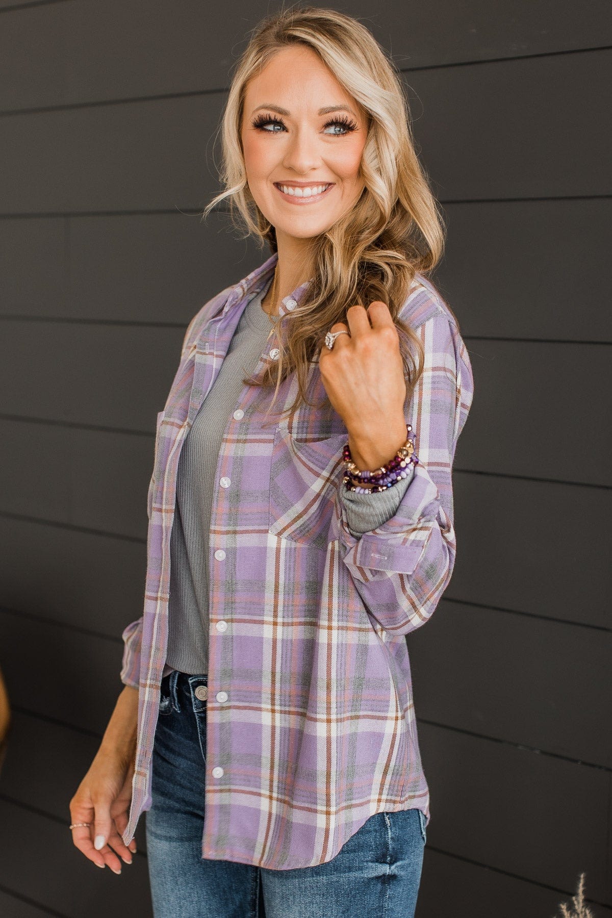 Running To You Plaid Button Top- Lavender & Grey