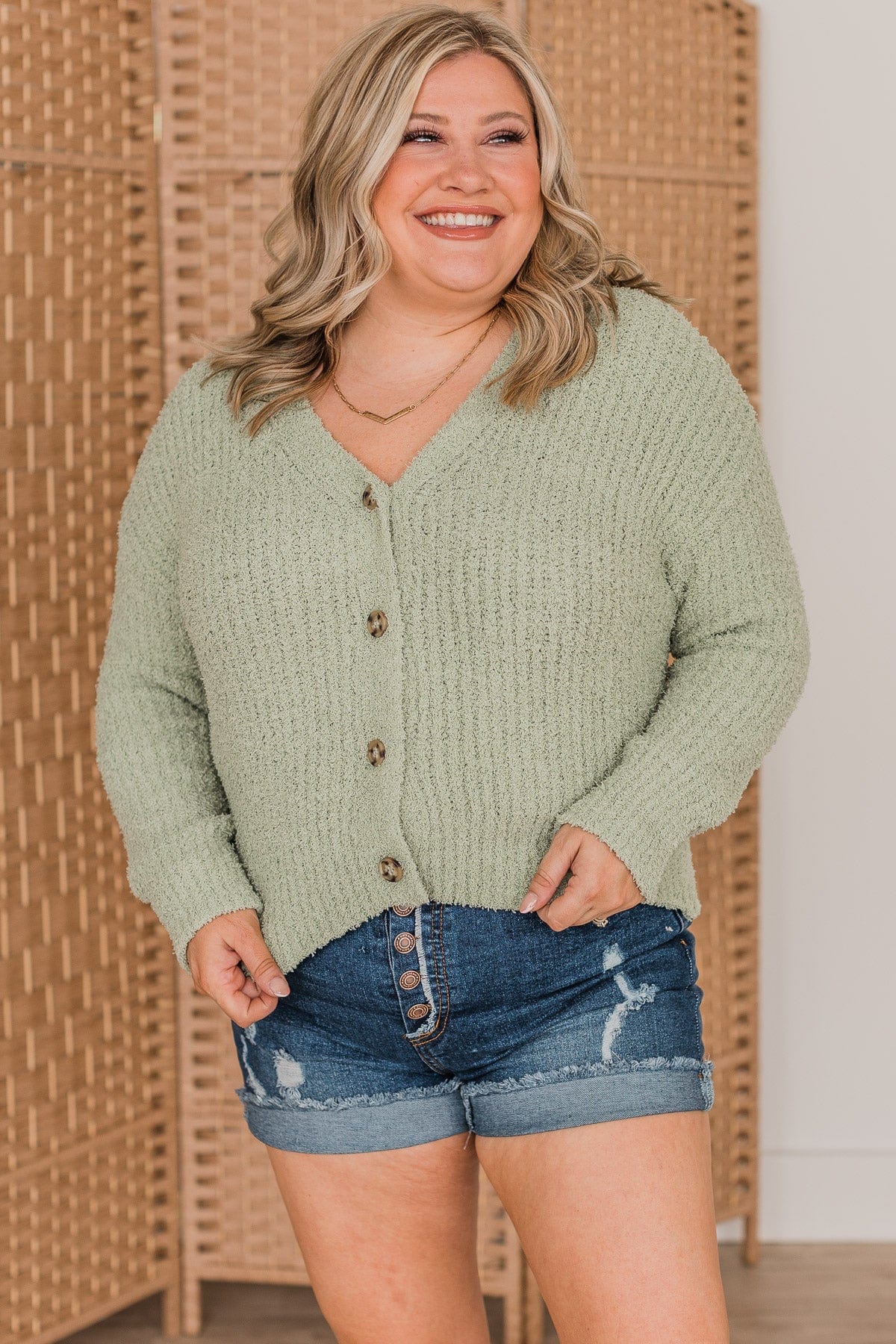 On A Cloud Knit Button Cardigan- Sage