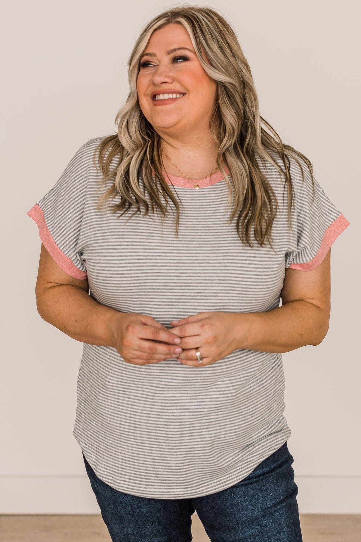 In The Right Direction Striped Top- Heather Grey & Pink