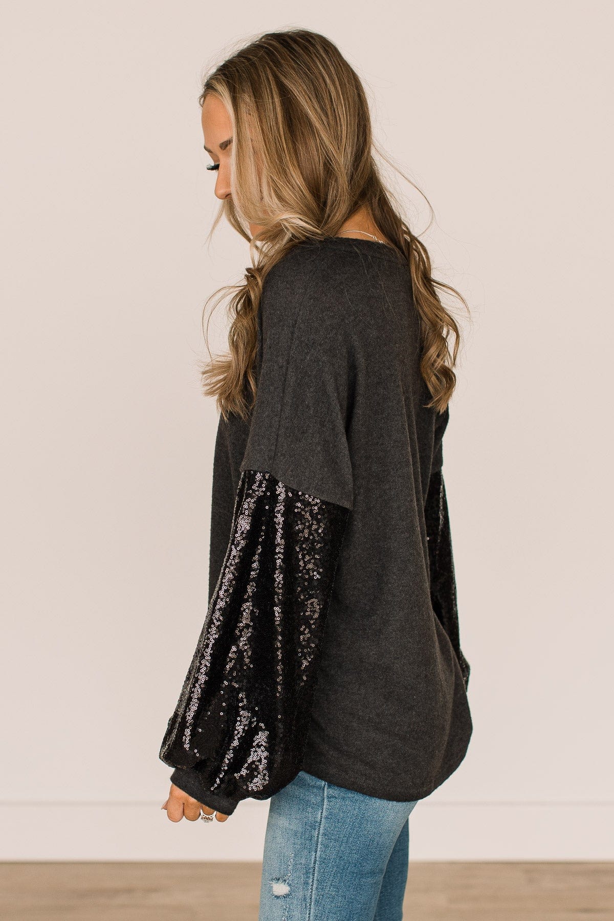 Moments Of Bliss Sequin Sleeve Top- Charcoal