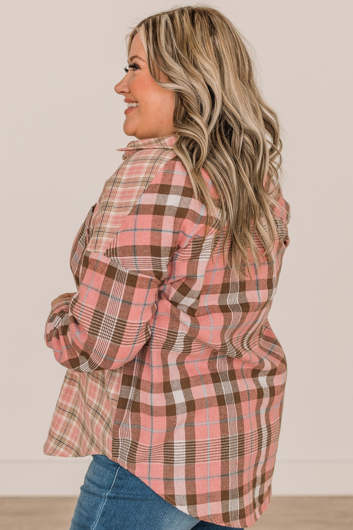 Stand By You Button Down Plaid Top- Pink