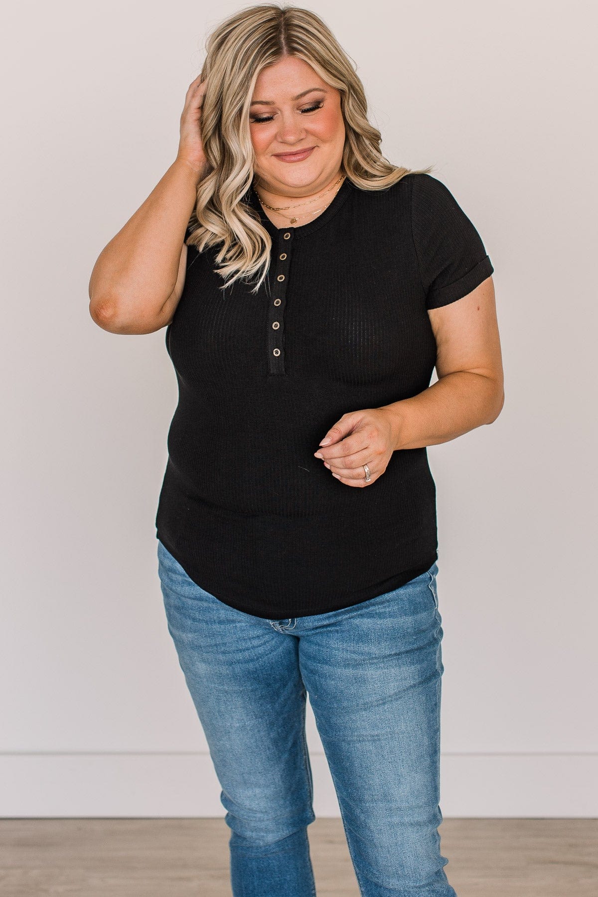 Every Effort Ribbed Knit Button Top- Black