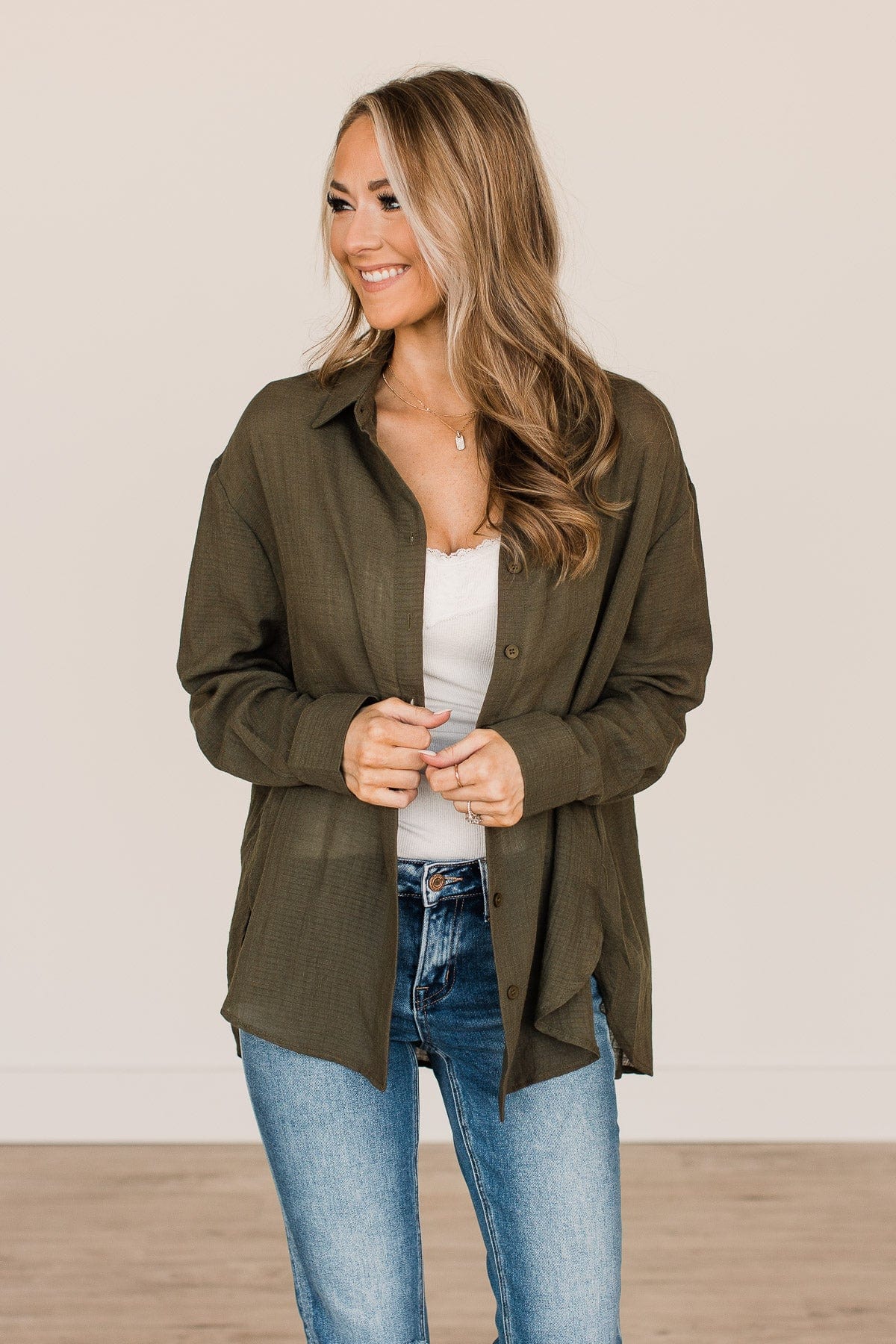 Just Getting Good Button Top- Dark Olive