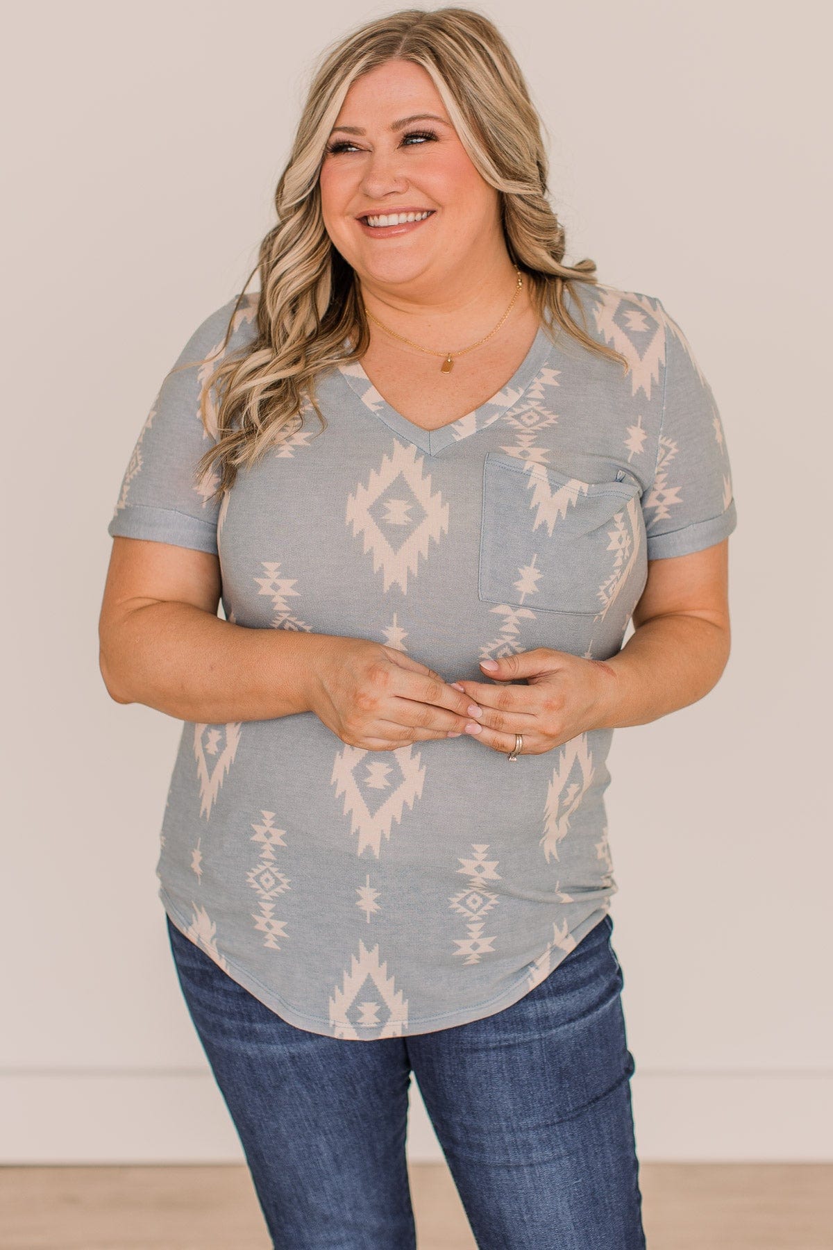 Spread Your Wings Aztec Print Top- Dusty Blue