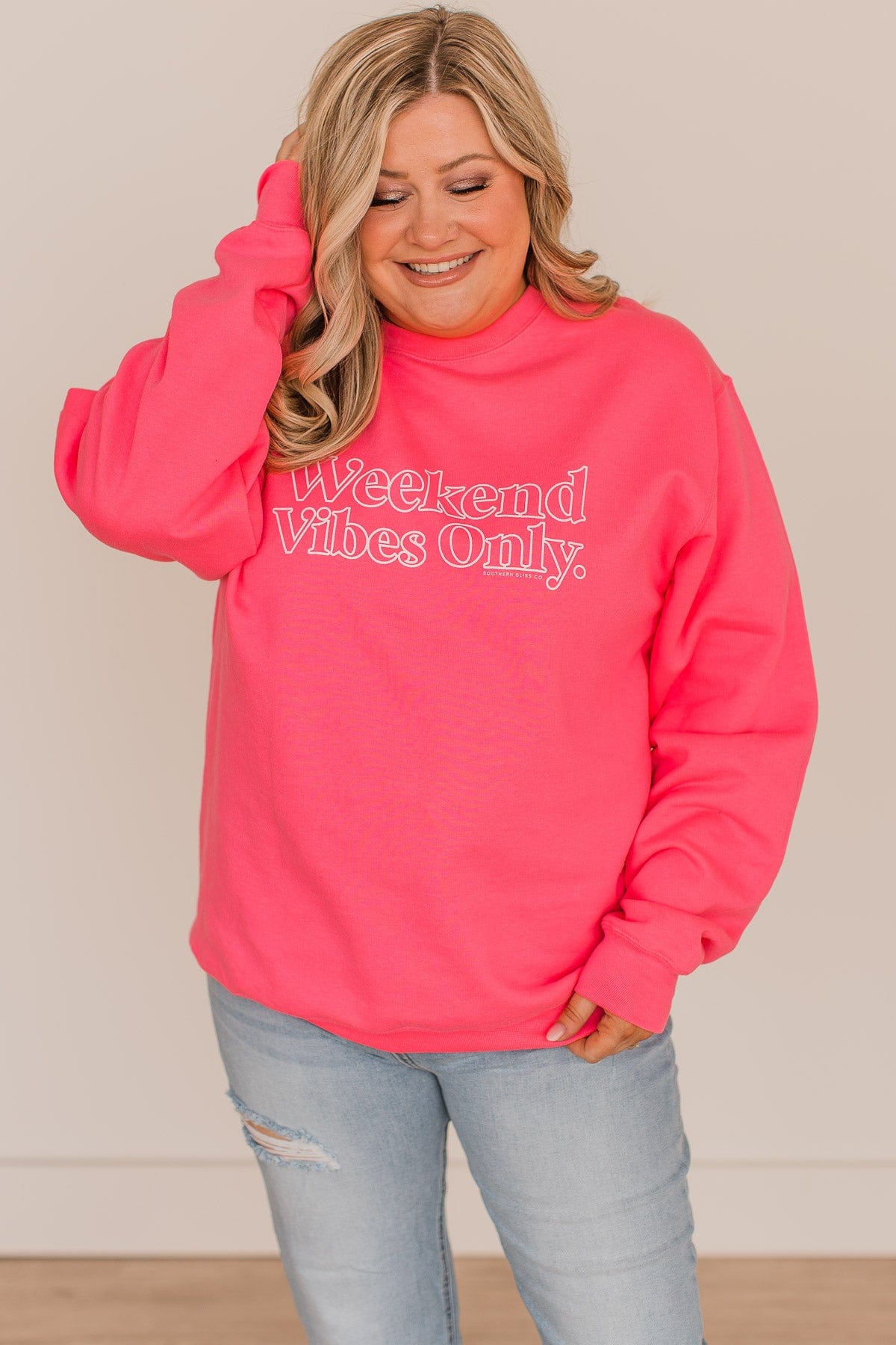 Weekend Vibes Only Crew Neck Pullover- Neon Pink – The Pulse Boutique