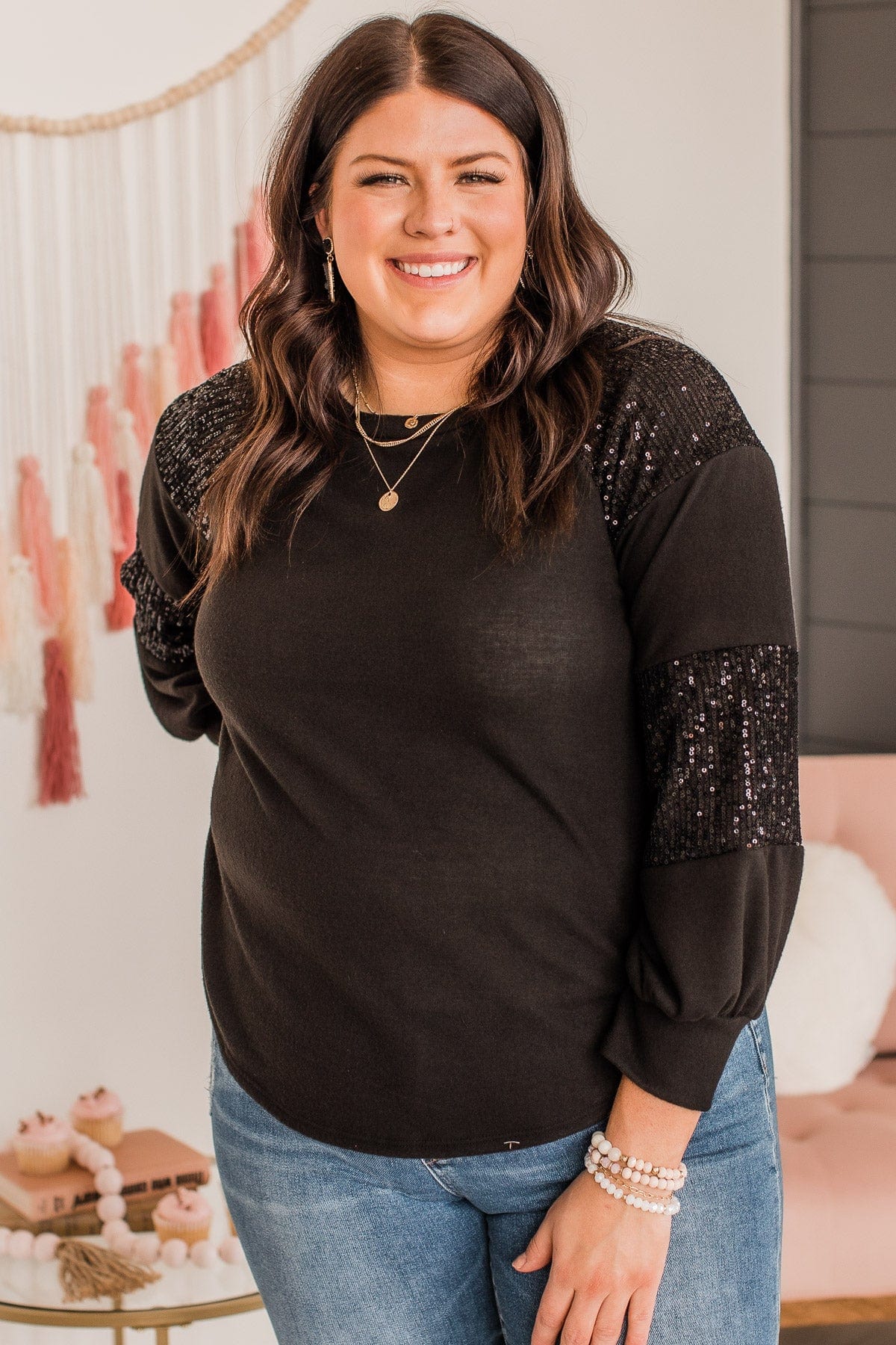 Special Moments Sequin Top- Black