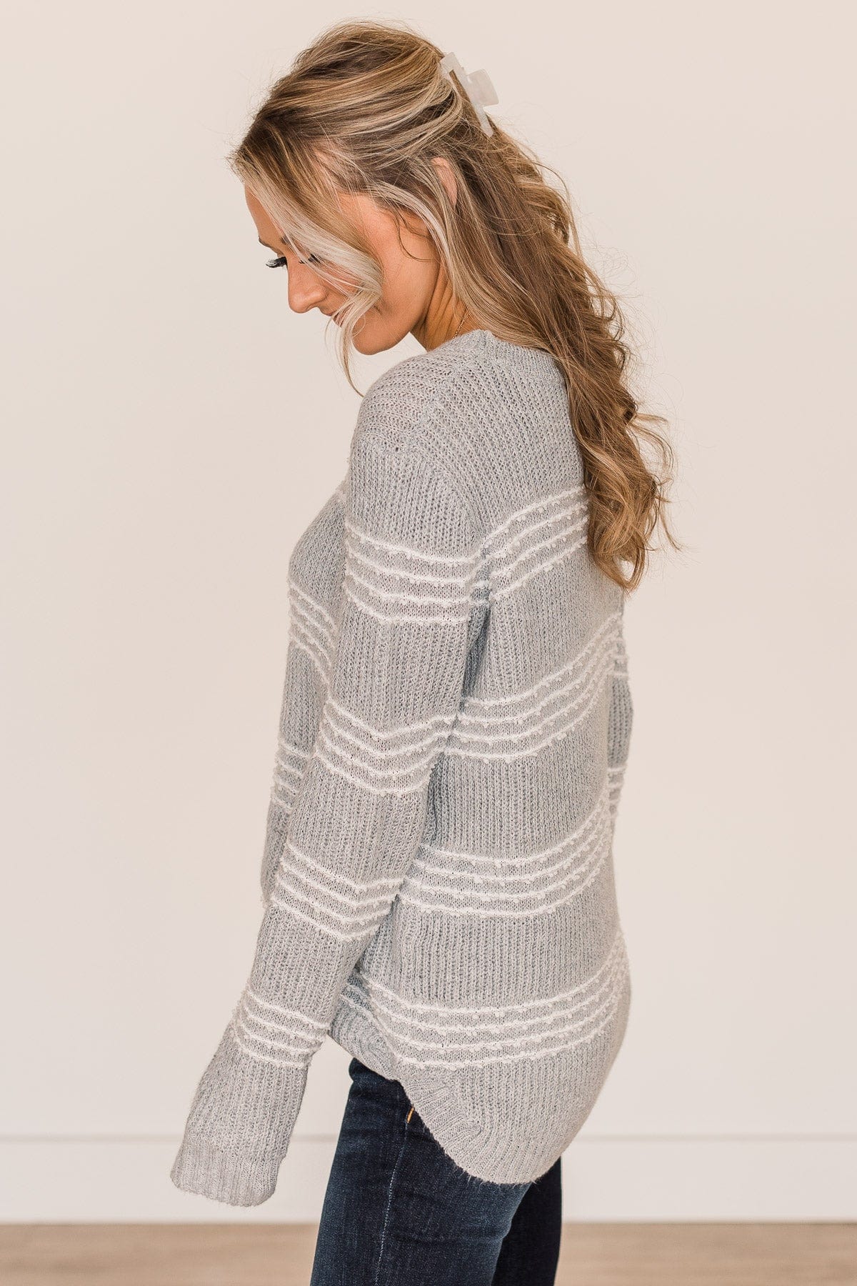 Meet Me There Striped Knit Sweater- Light Grey