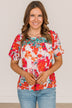 Excellent Taste Floral Blouse- Ivory, Red, & Turquoise