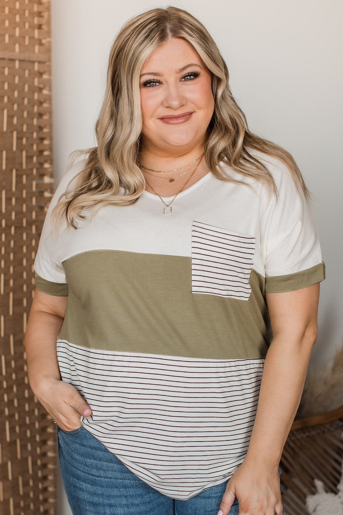 Feel The Joy Color Block Top- Off-White & Olive