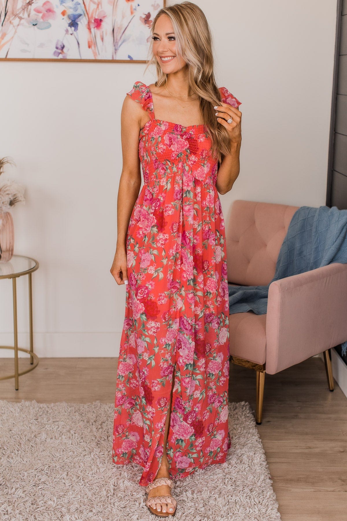 Blissful Thinking Floral Maxi Dress- Coral Blissful Thinking Floral Maxi Dress- Coral