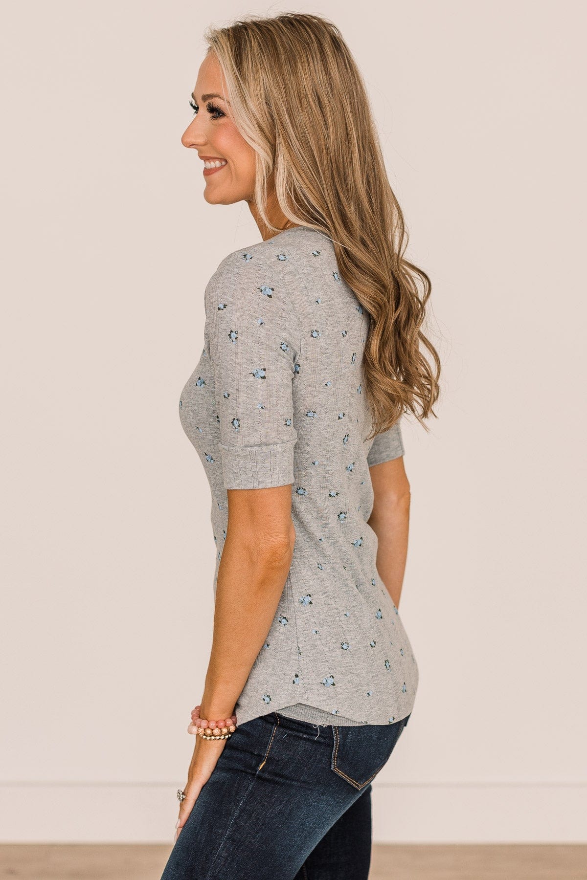 Looking To You Floral Knit Top- Heather Grey