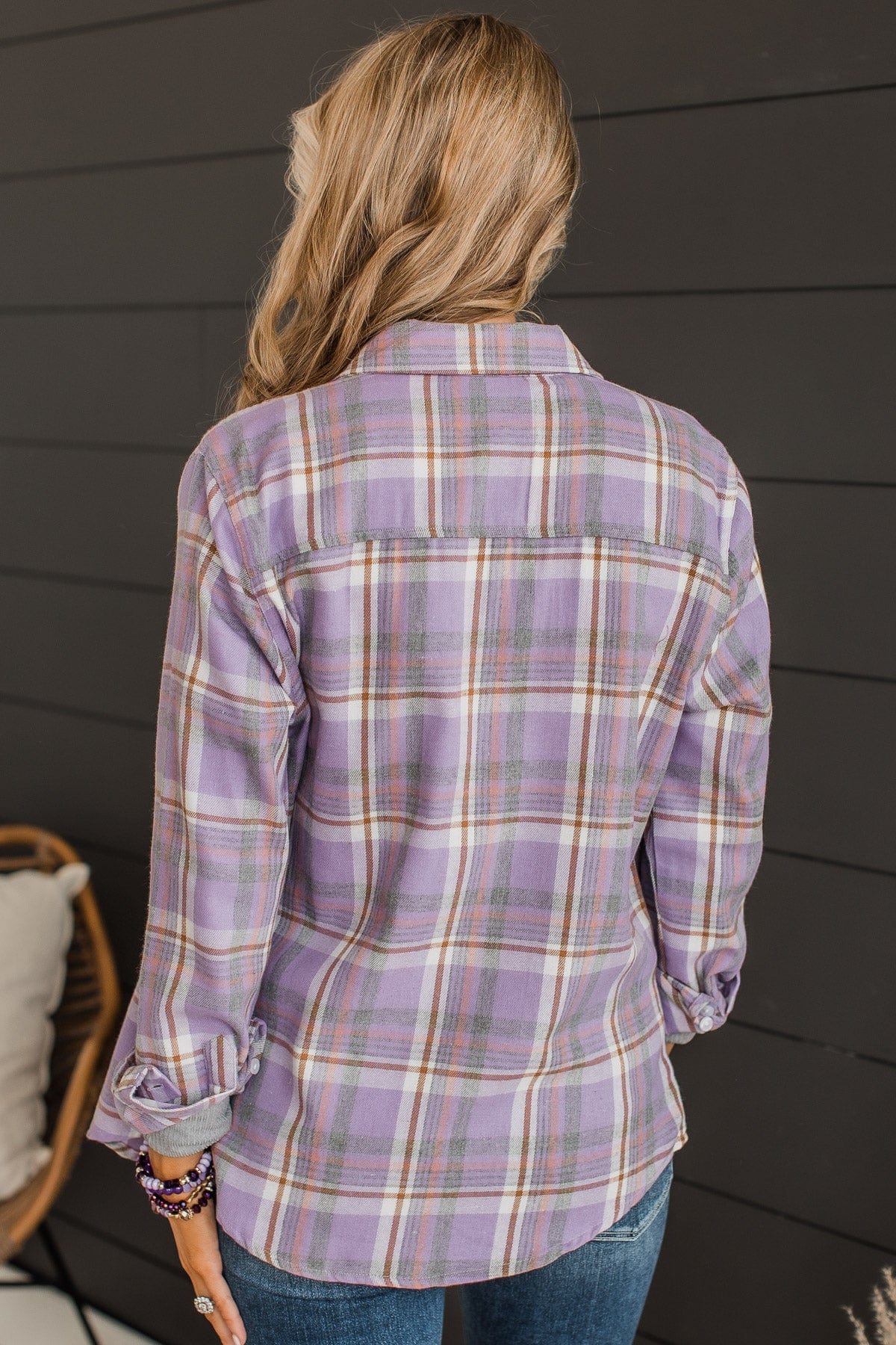 Running To You Plaid Button Top- Lavender & Grey
