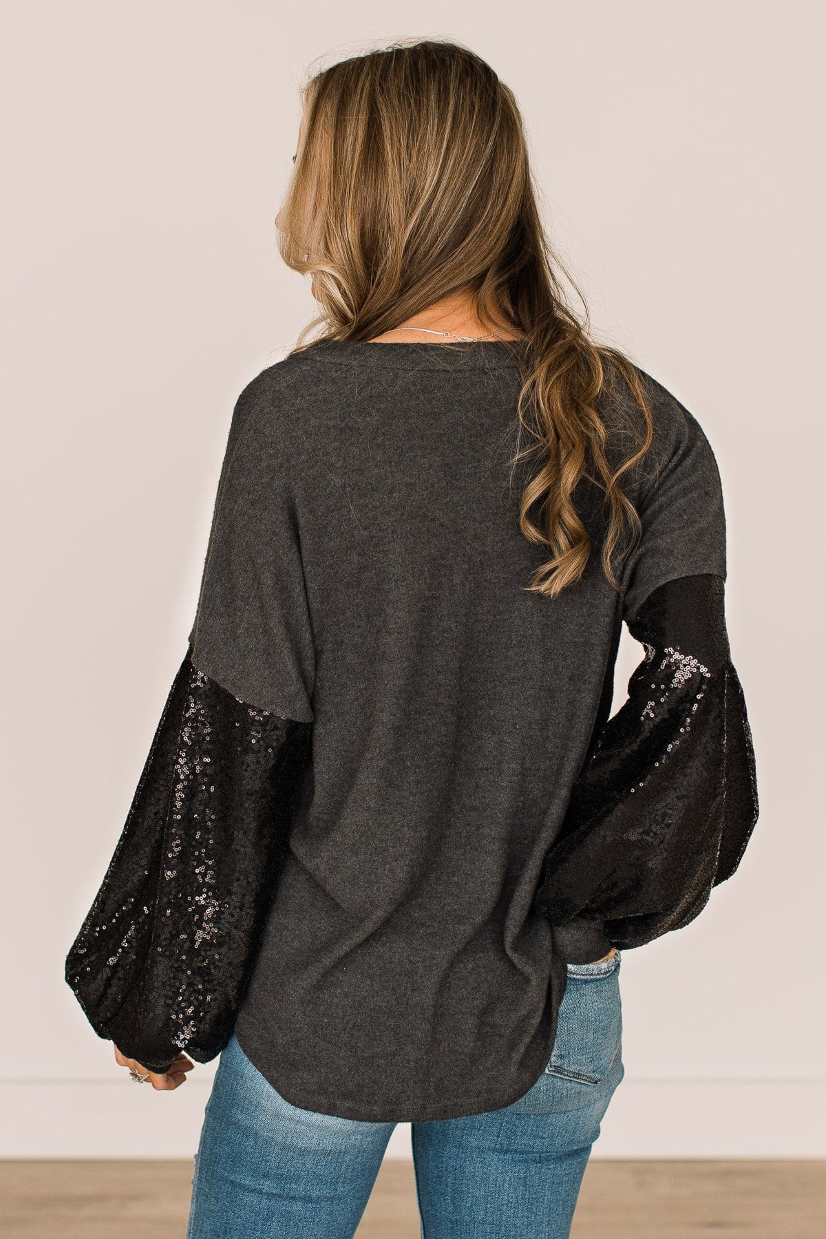 Moments Of Bliss Sequin Sleeve Top- Charcoal