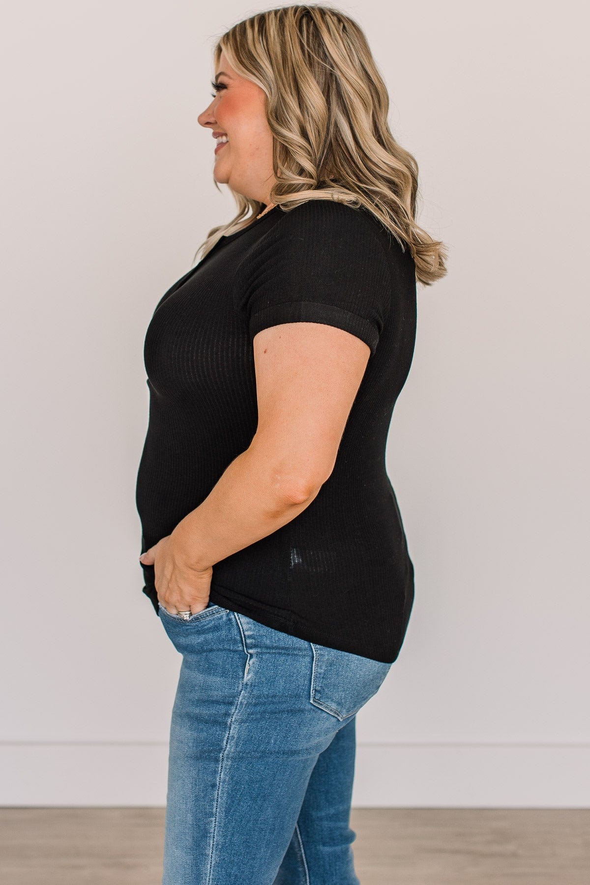 Every Effort Ribbed Knit Button Top- Black