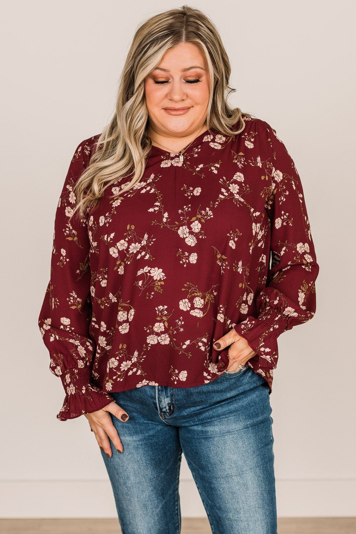 Note To Self Floral Smocked Blouse- Maroon