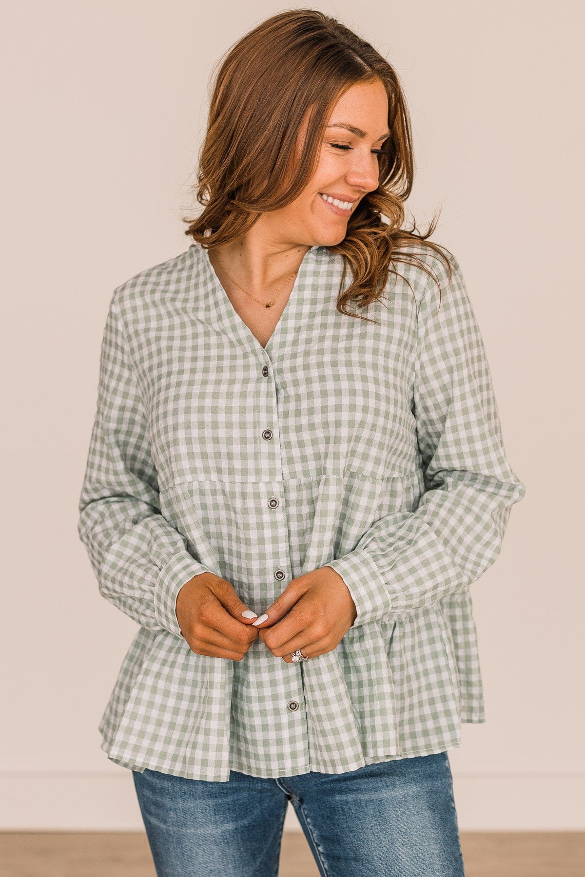 What A Dream Long Sleeve Button Top- Sage