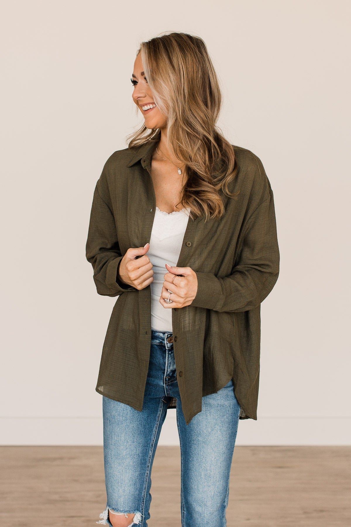 Just Getting Good Button Top- Dark Olive