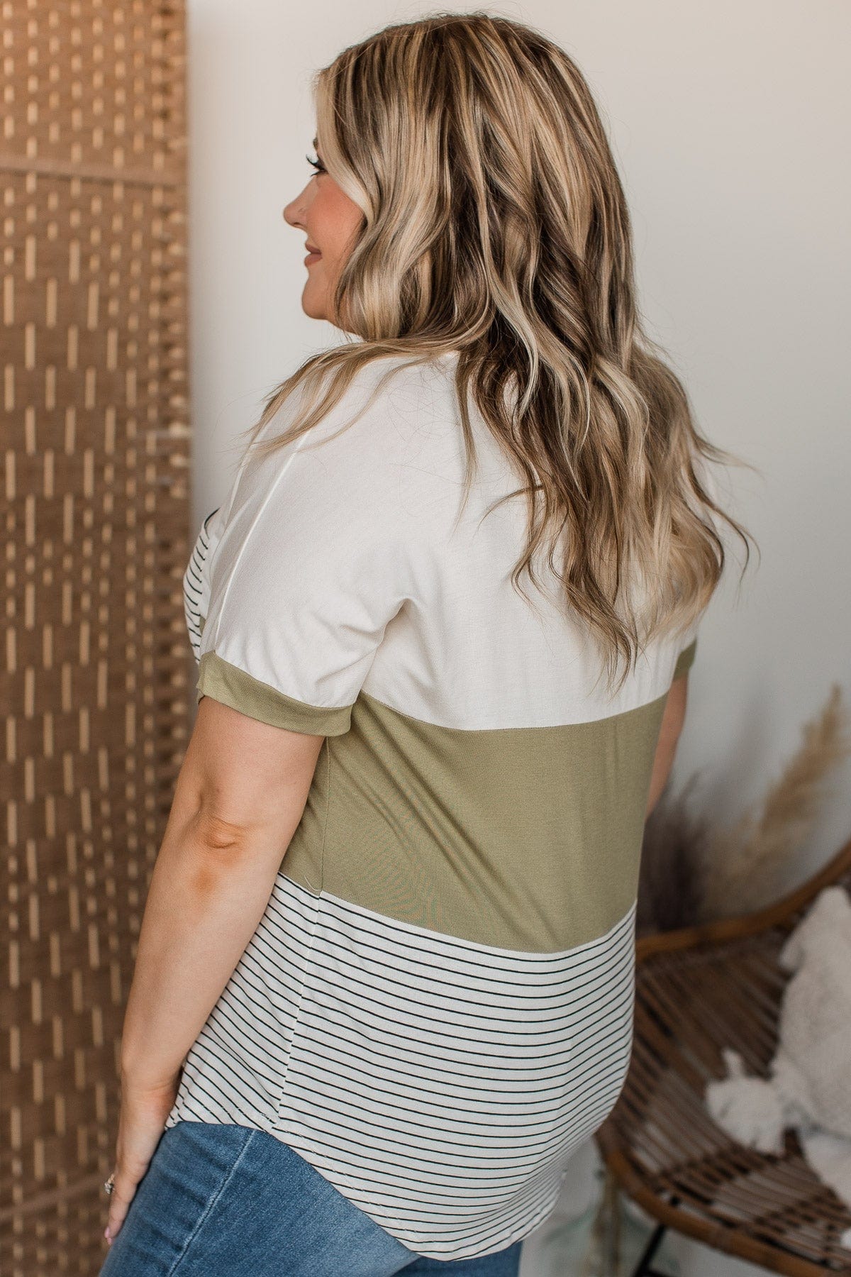 Feel The Joy Color Block Top- Off-White & Olive
