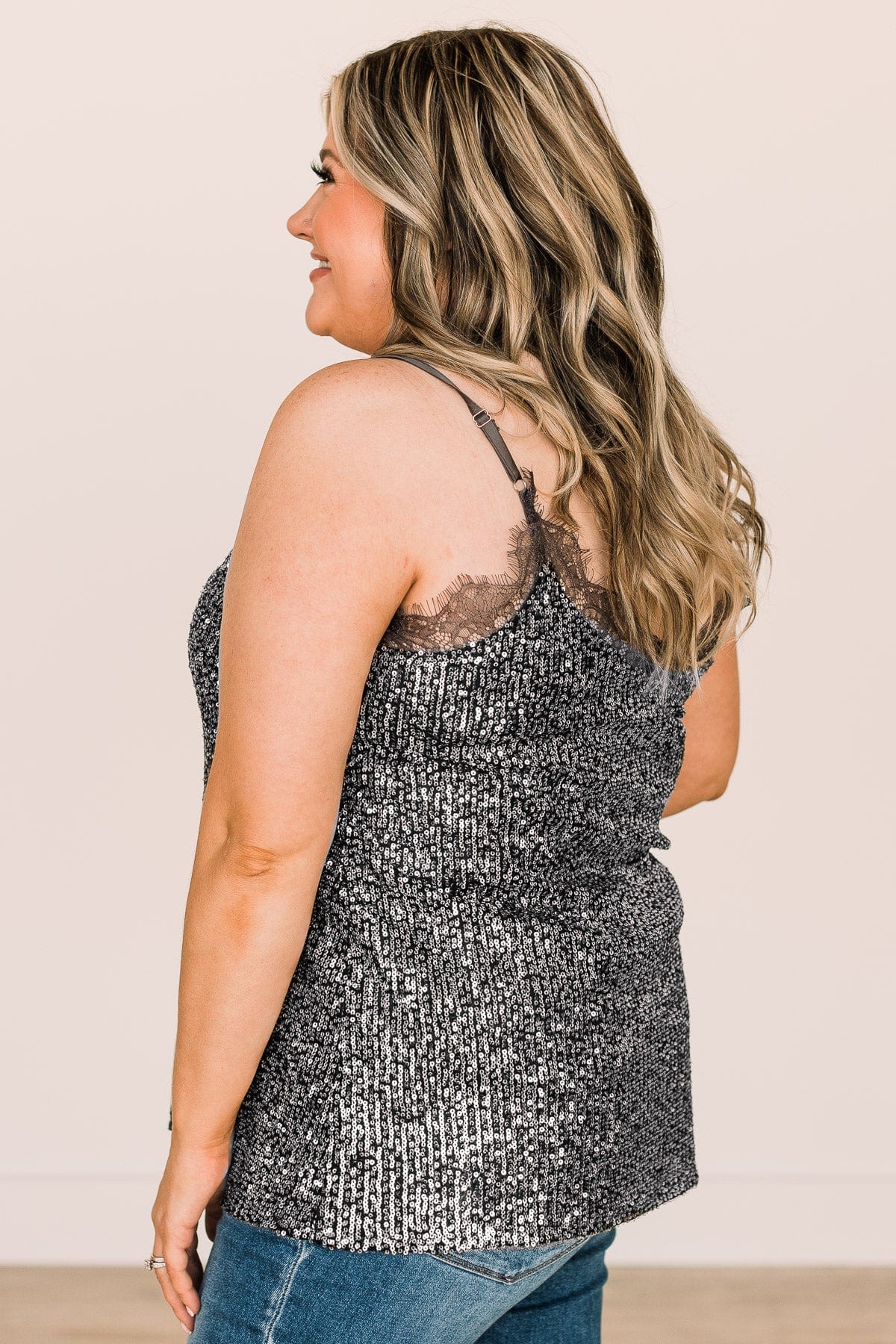 Stunning In Sequins Tank Top- Charcoal & Silver