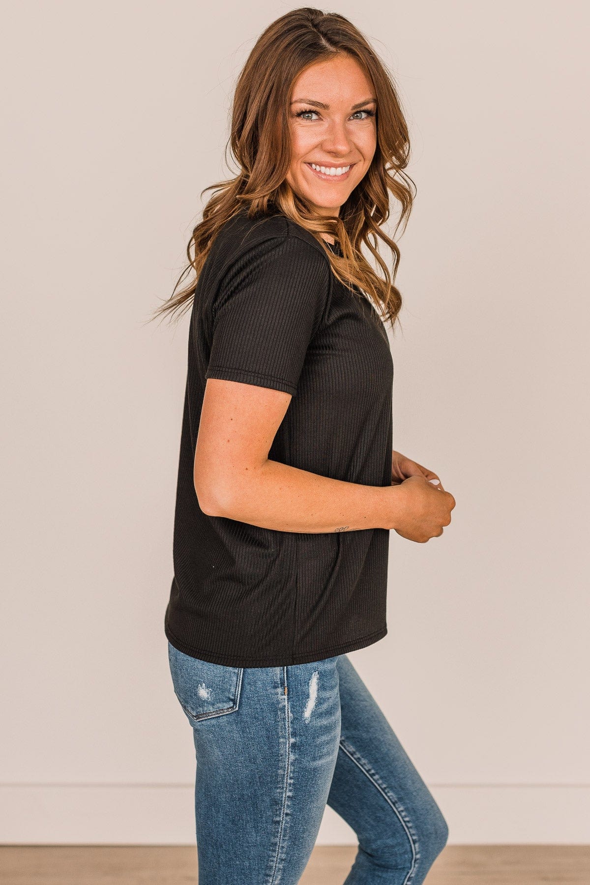 Without A Care Ribbed Knit Top- Black