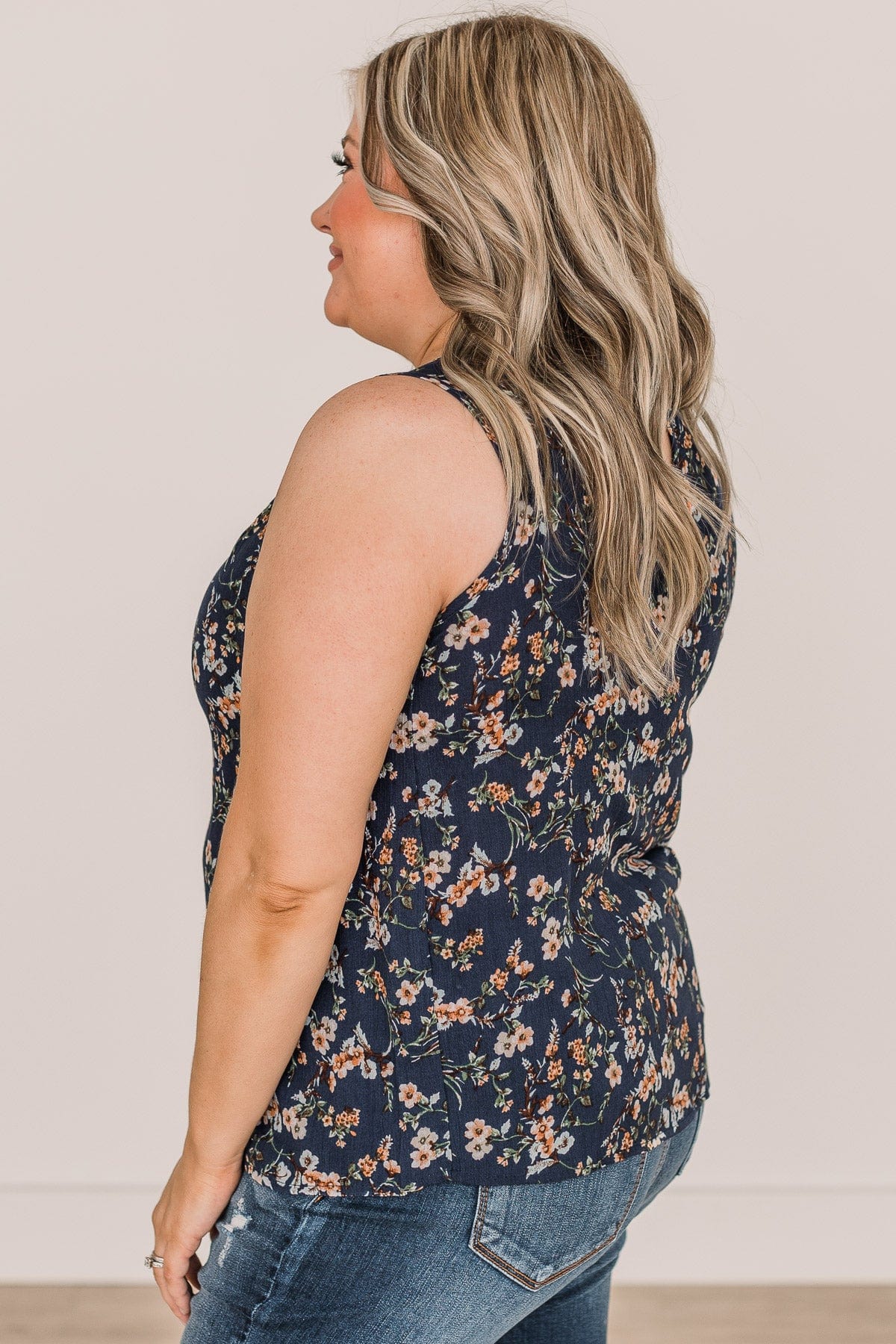Time To Blossom Floral Tank Top- Navy