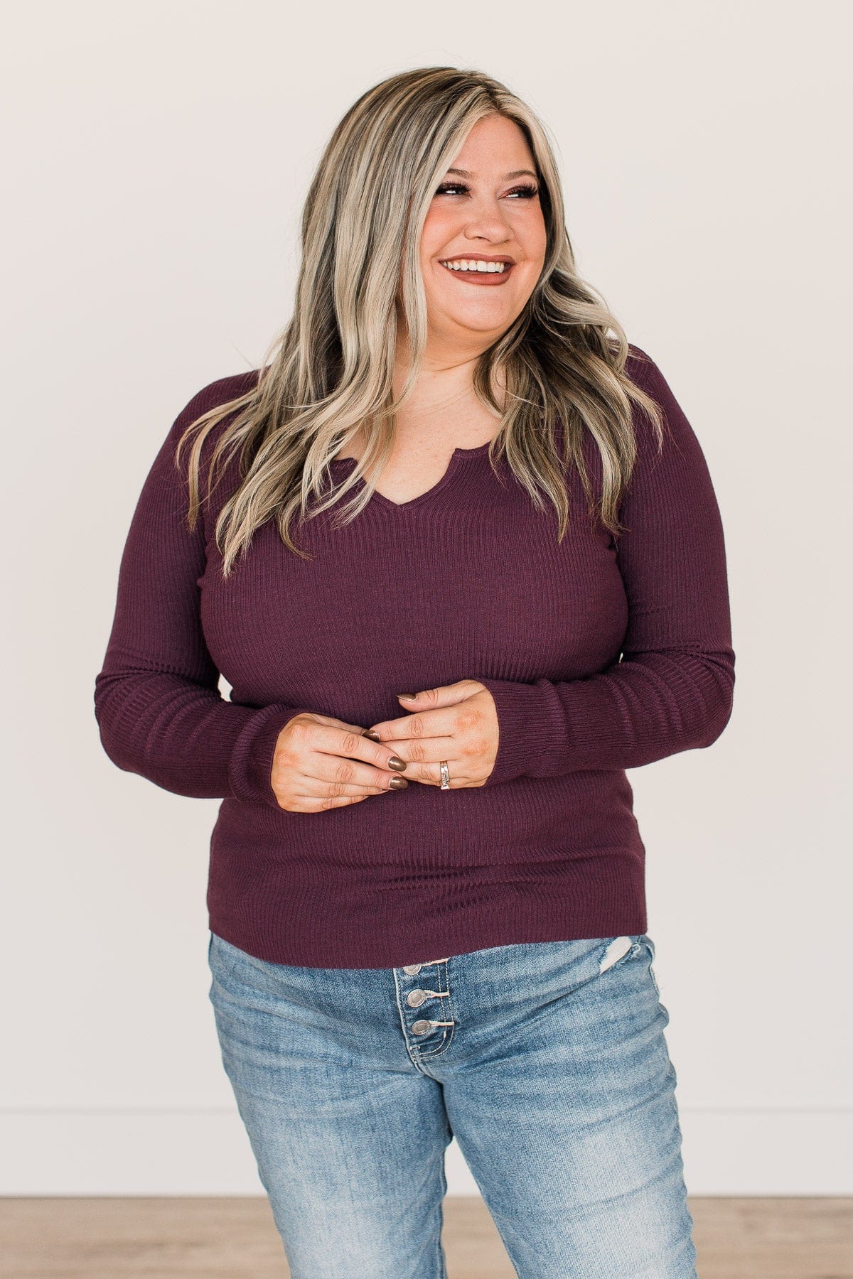 All The Possibilities Notch Knit Top- Eggplant
