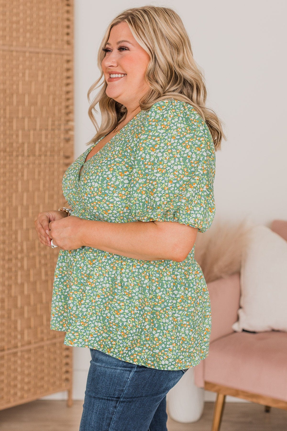 Floral Passions Puff Sleeve Peplum Blouse- Green