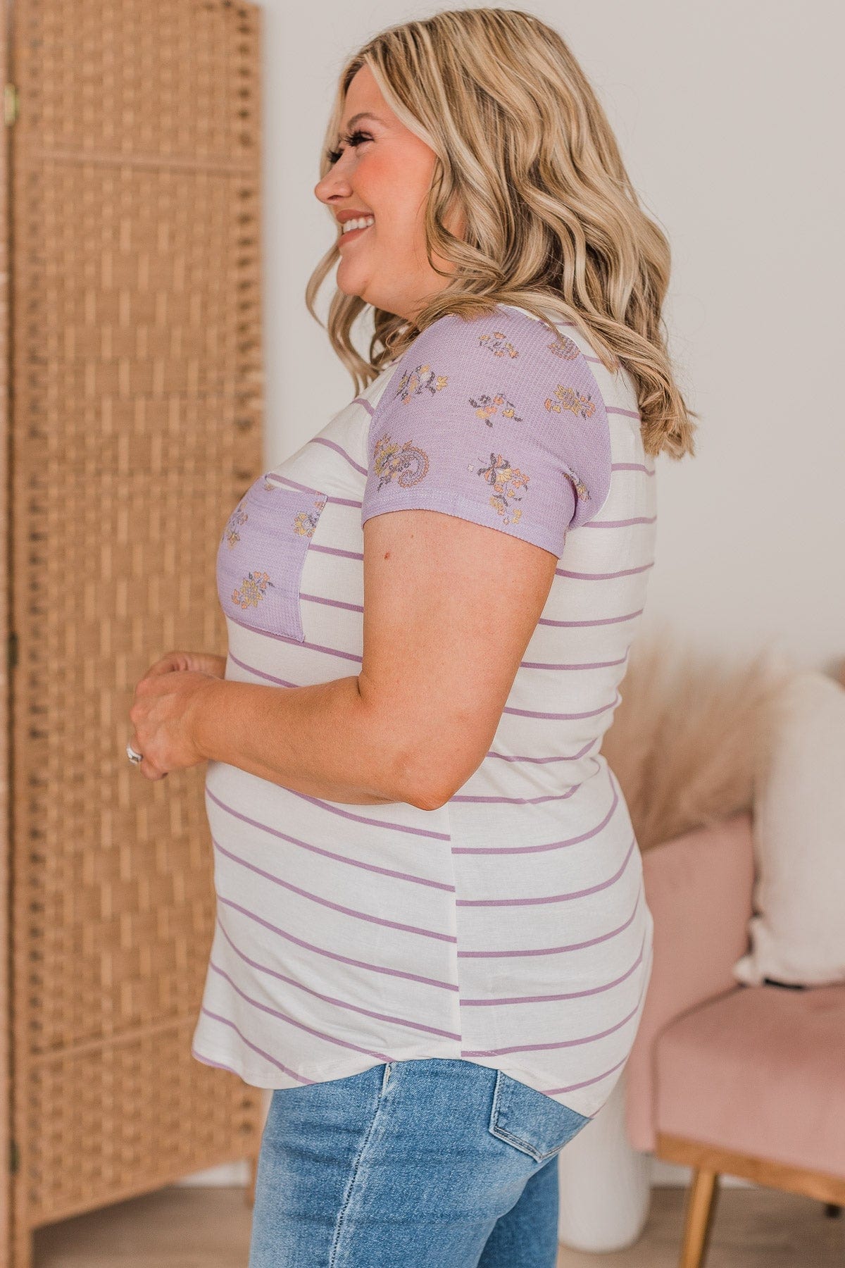 Standing Together Striped Pocket Top- Ivory & Lavender