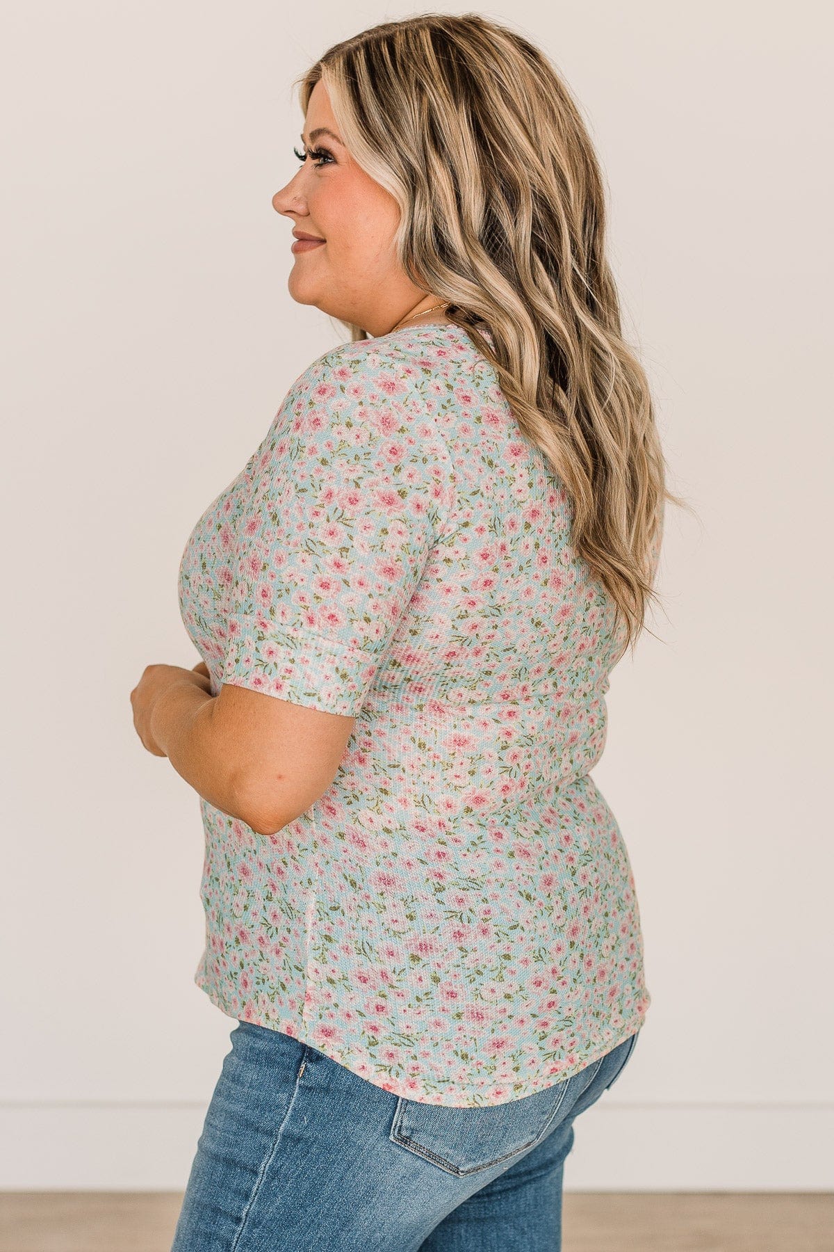 Dream On Floral Button Top- Mint Blue & Pink