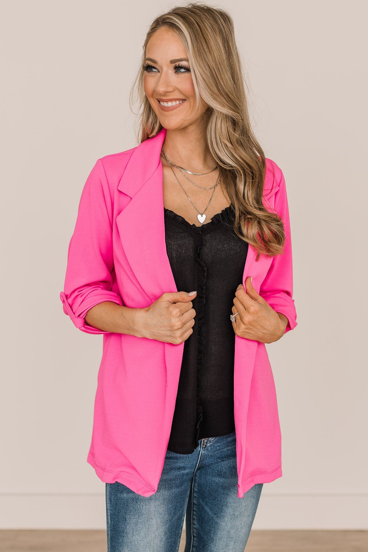 The Sky Is The Limit Long Sleeve Blazer- Hot Pink