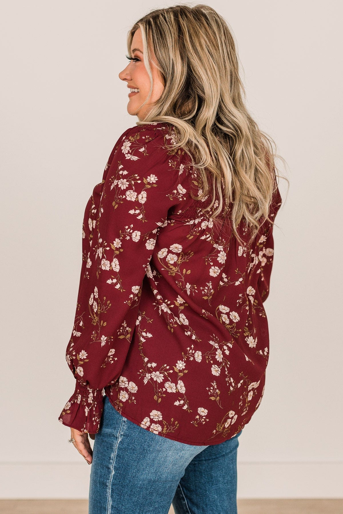 Note To Self Floral Smocked Blouse- Maroon