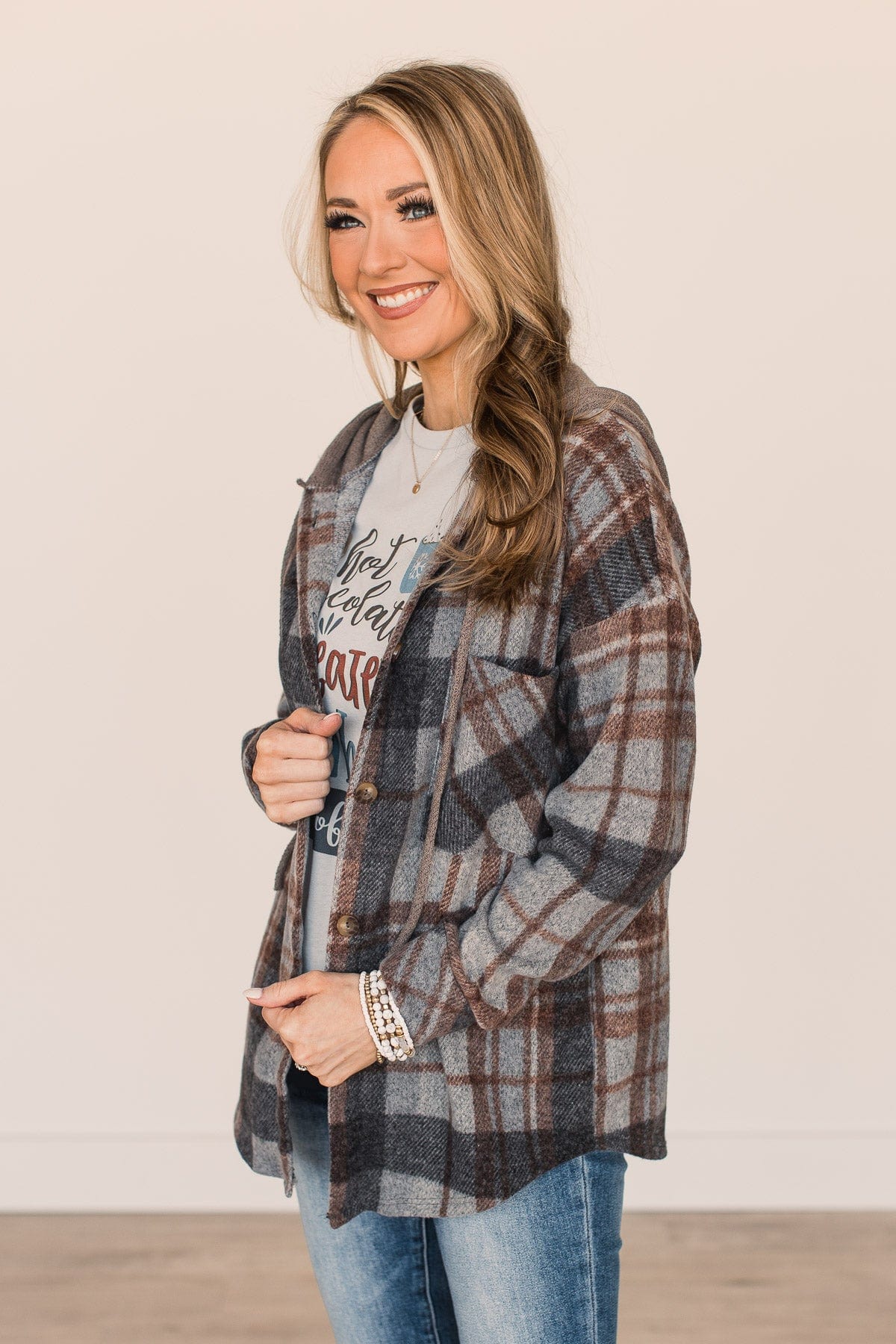 Finding Hope Hooded Button Top- Grey & Brown