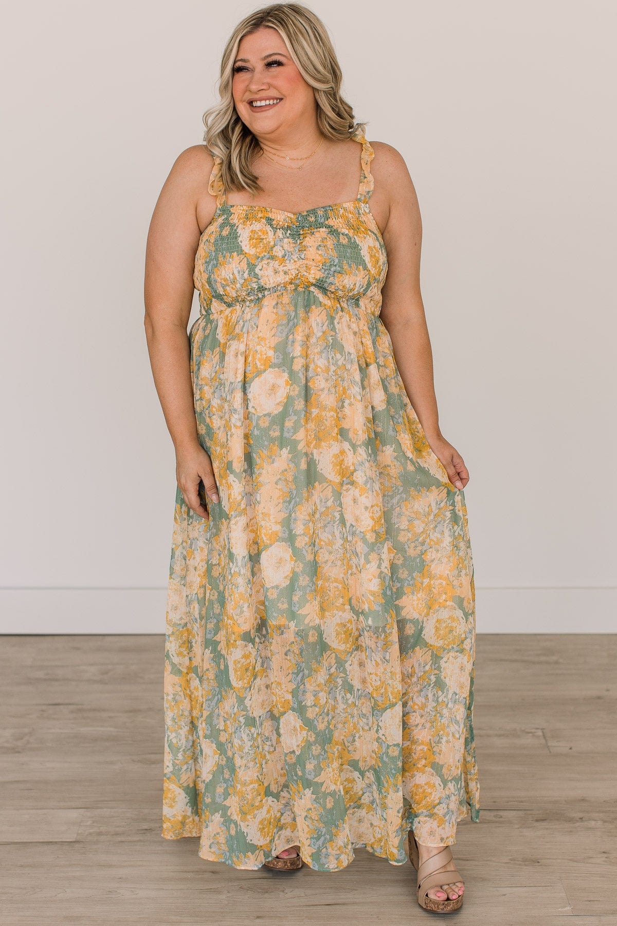 Staying True Floral Maxi Dress- Dark Sage & Yellow Staying True Floral Maxi Dress- Dark Sage & Yellow