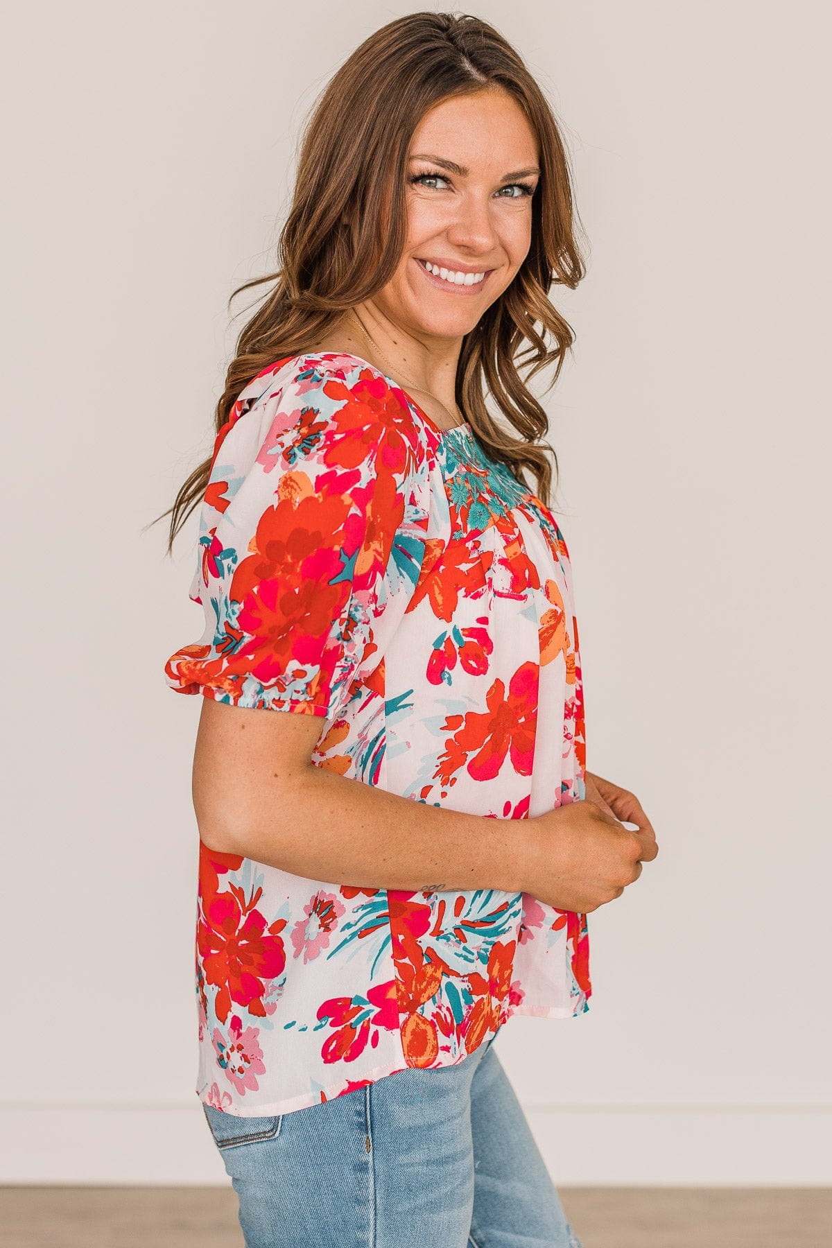 Excellent Taste Floral Blouse- Ivory, Red, & Turquoise