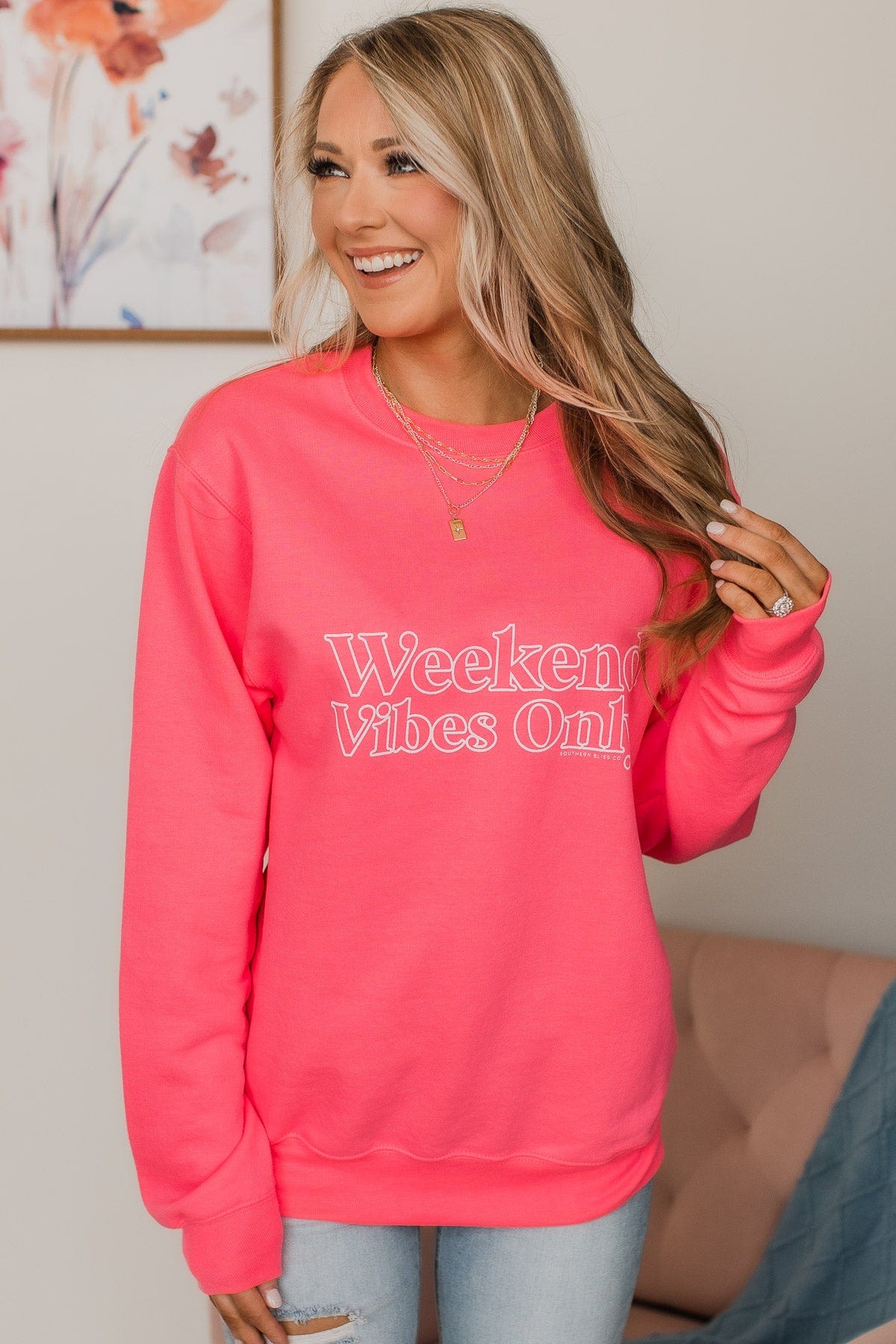 "Weekend Vibes Only" Crew Neck Pullover- Neon Pink
