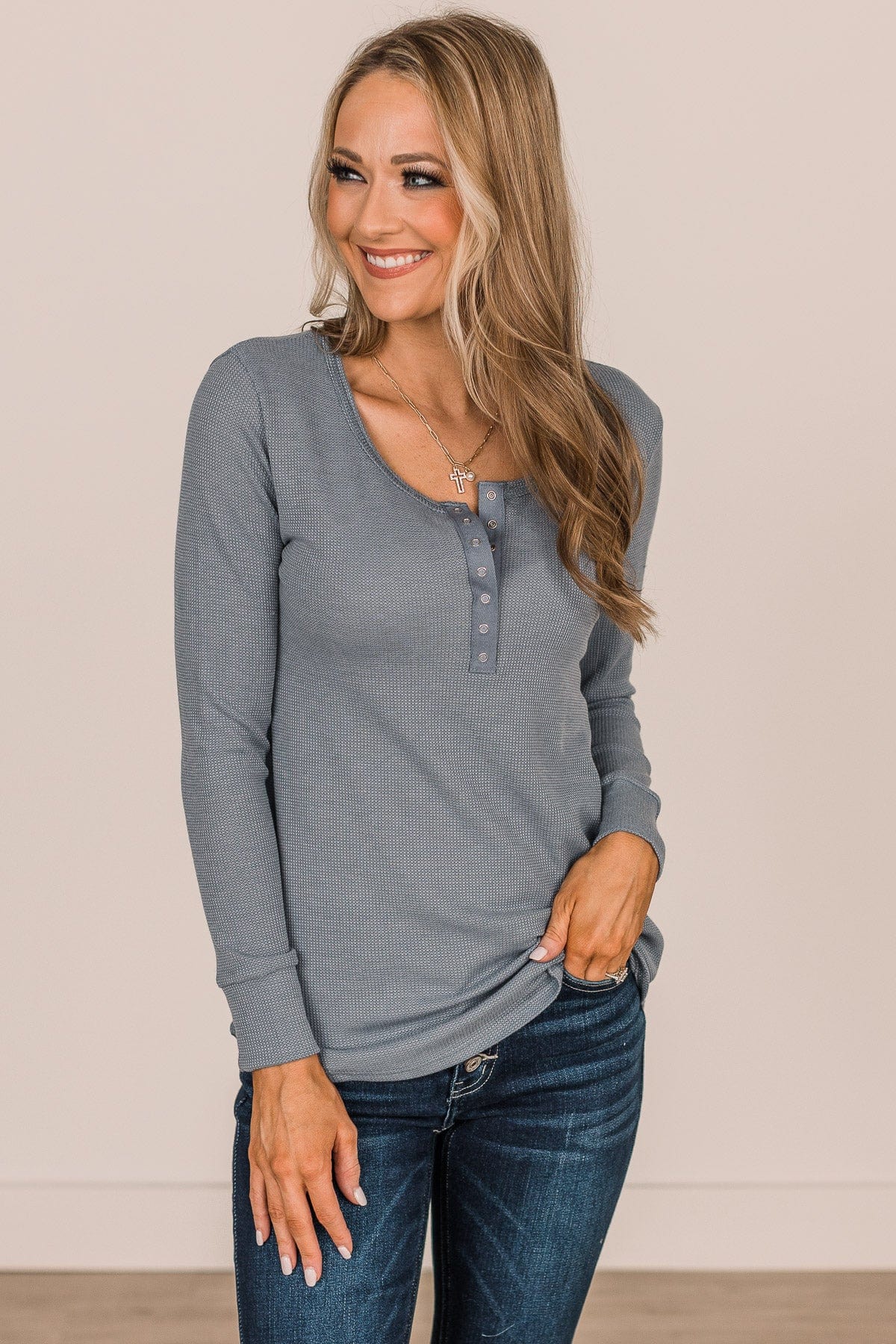 Face The World Button Knit Top- Vintage Blue