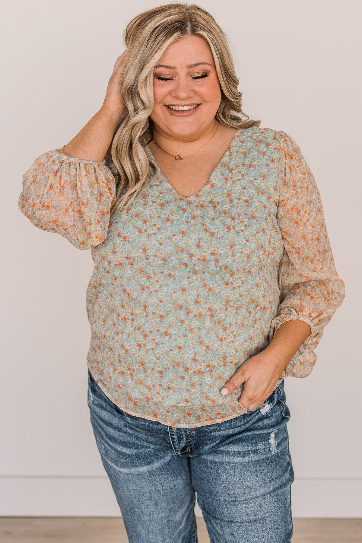 Make It Memorable Floral Blouse- Dusty Blue & Light Yellow
