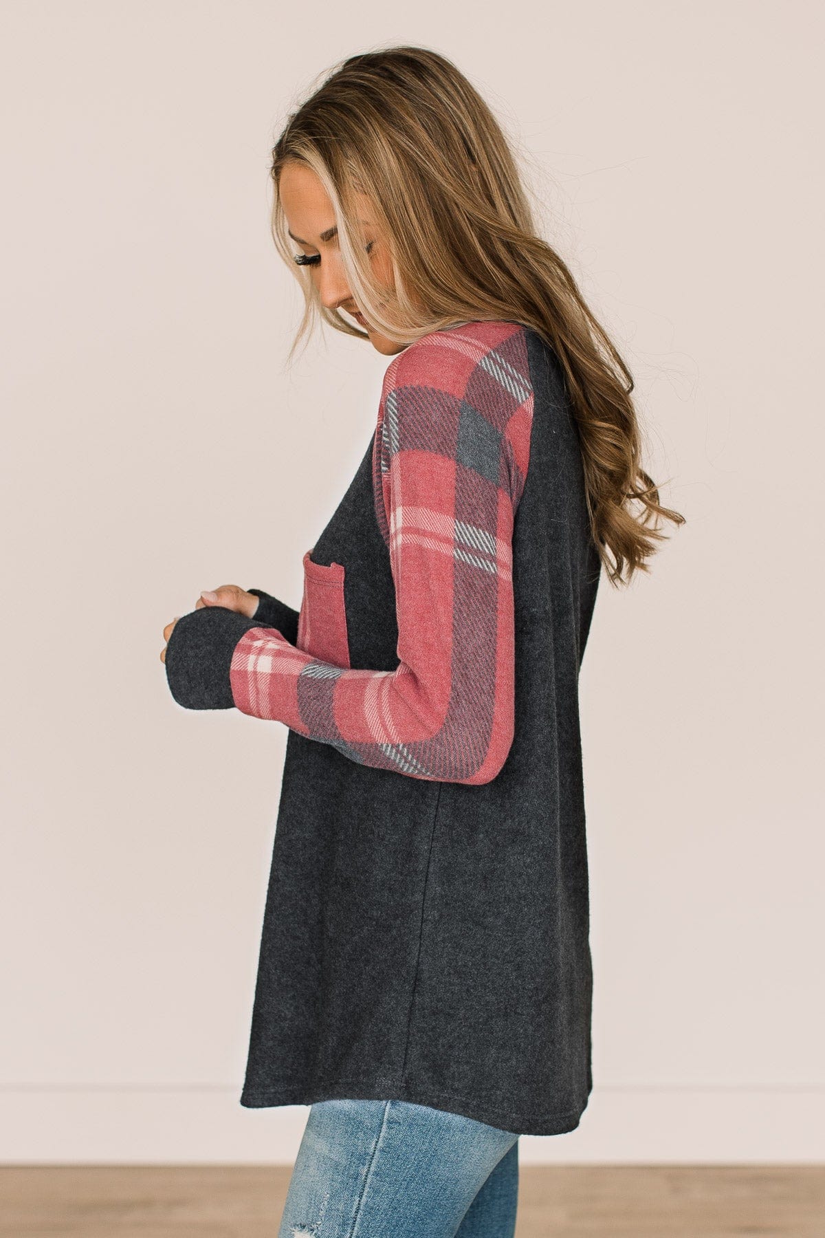 Late Nights In Plaid Pocket Top- Red & Charcoal